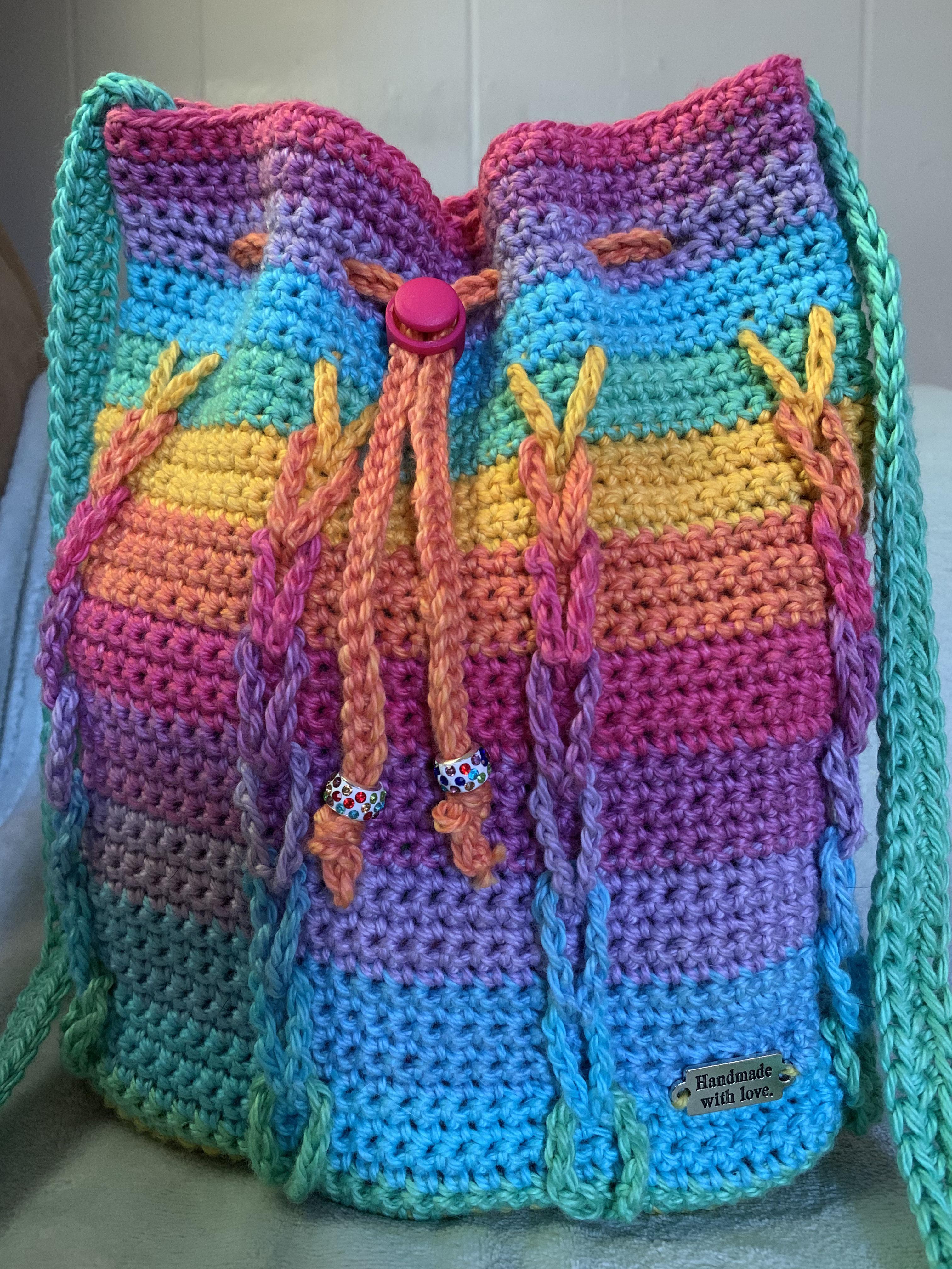 Rainbow drawstring crochet bag I just finished. r/RainbowEverything