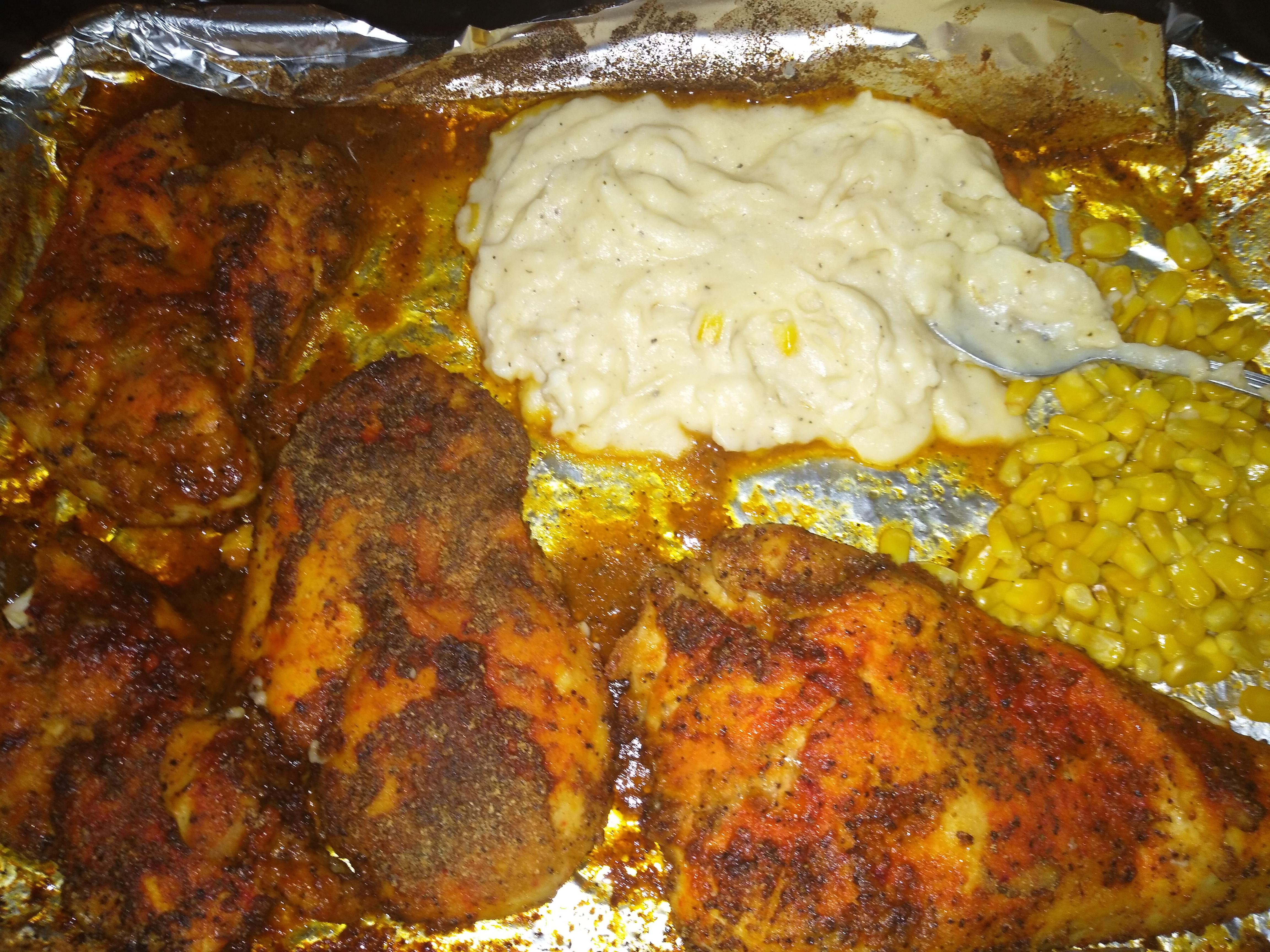 Baked chicken, watery boxed mashed potatoes and sweet corn, stay safe