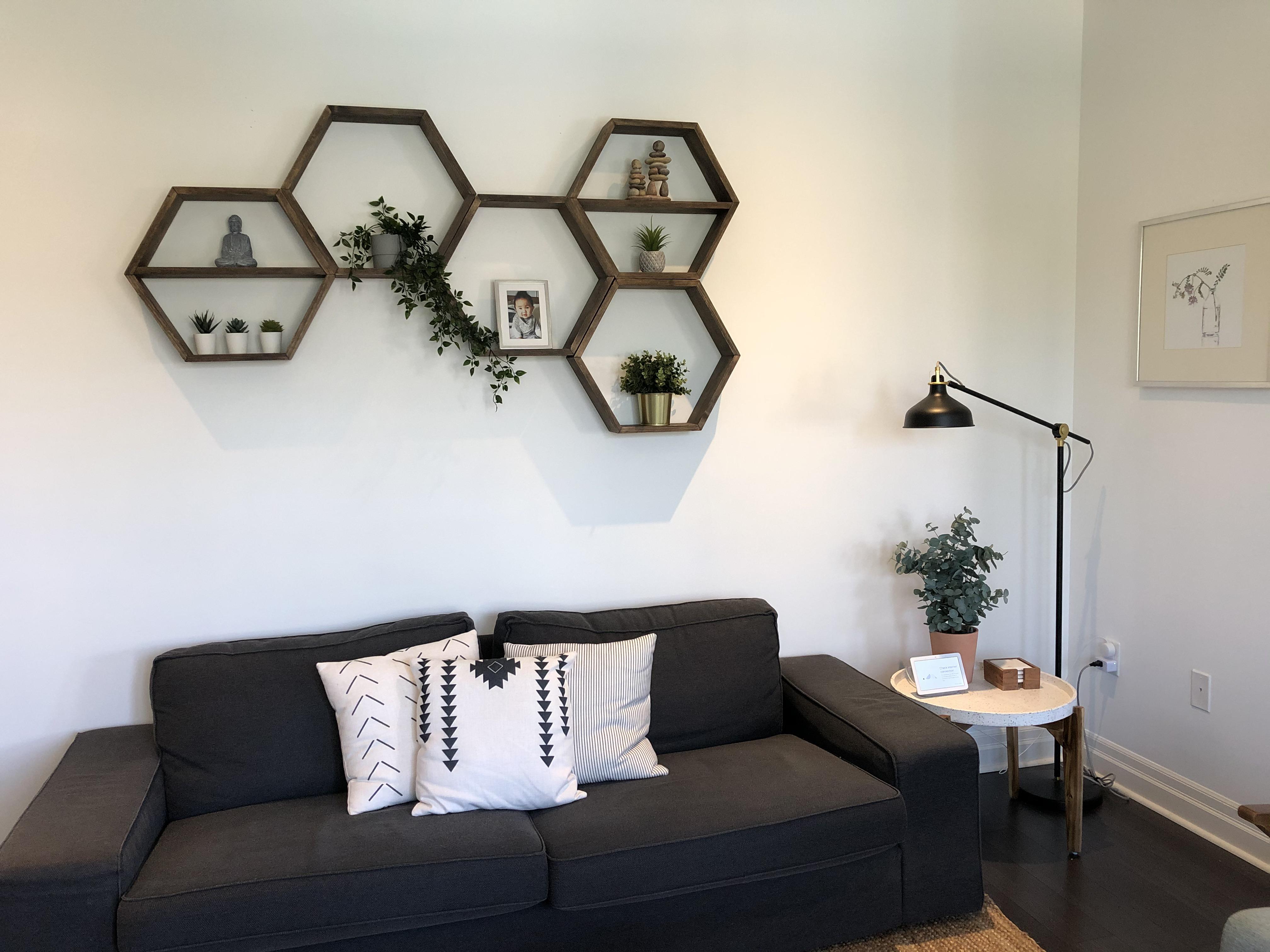 Closer look at my hexagon shelves. I had them custom made from Etsy