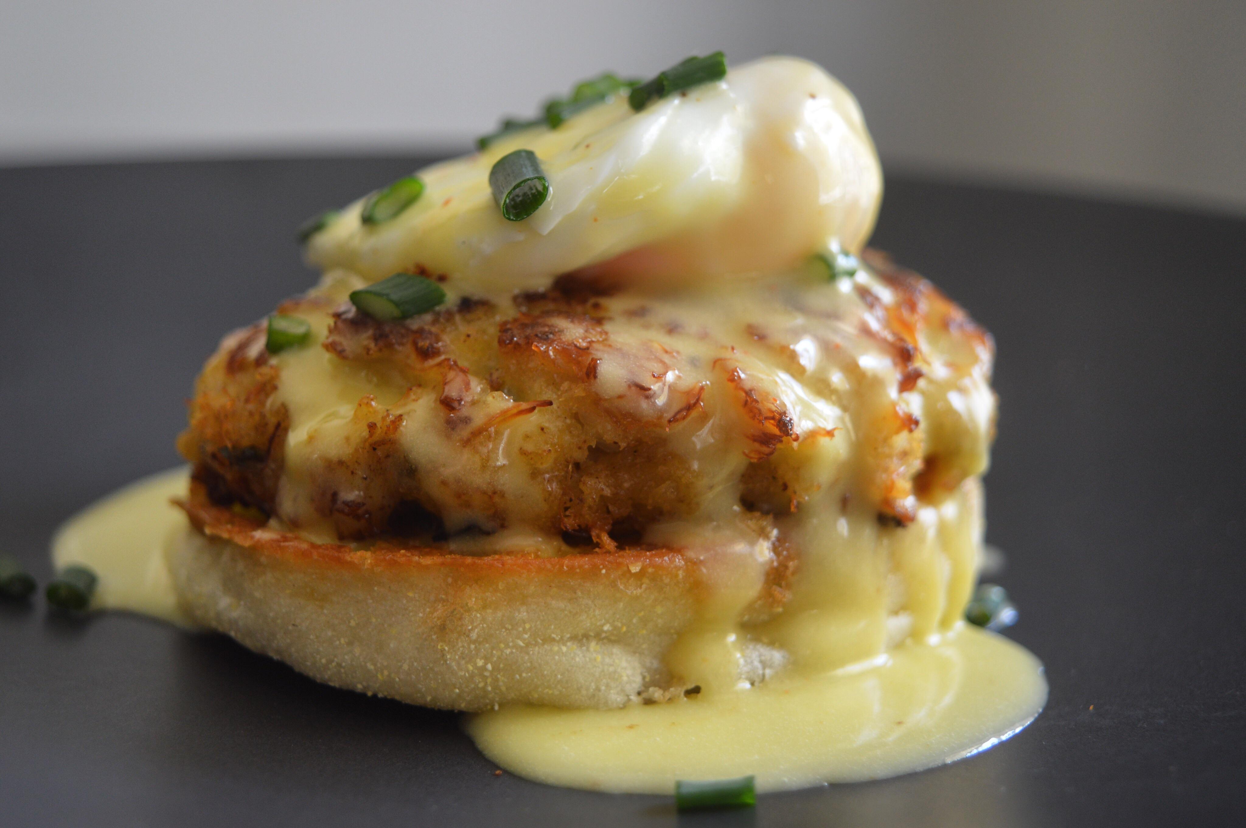 Crab Cake Benedict! Fresh lump Virginia crab meat, English muffin, and