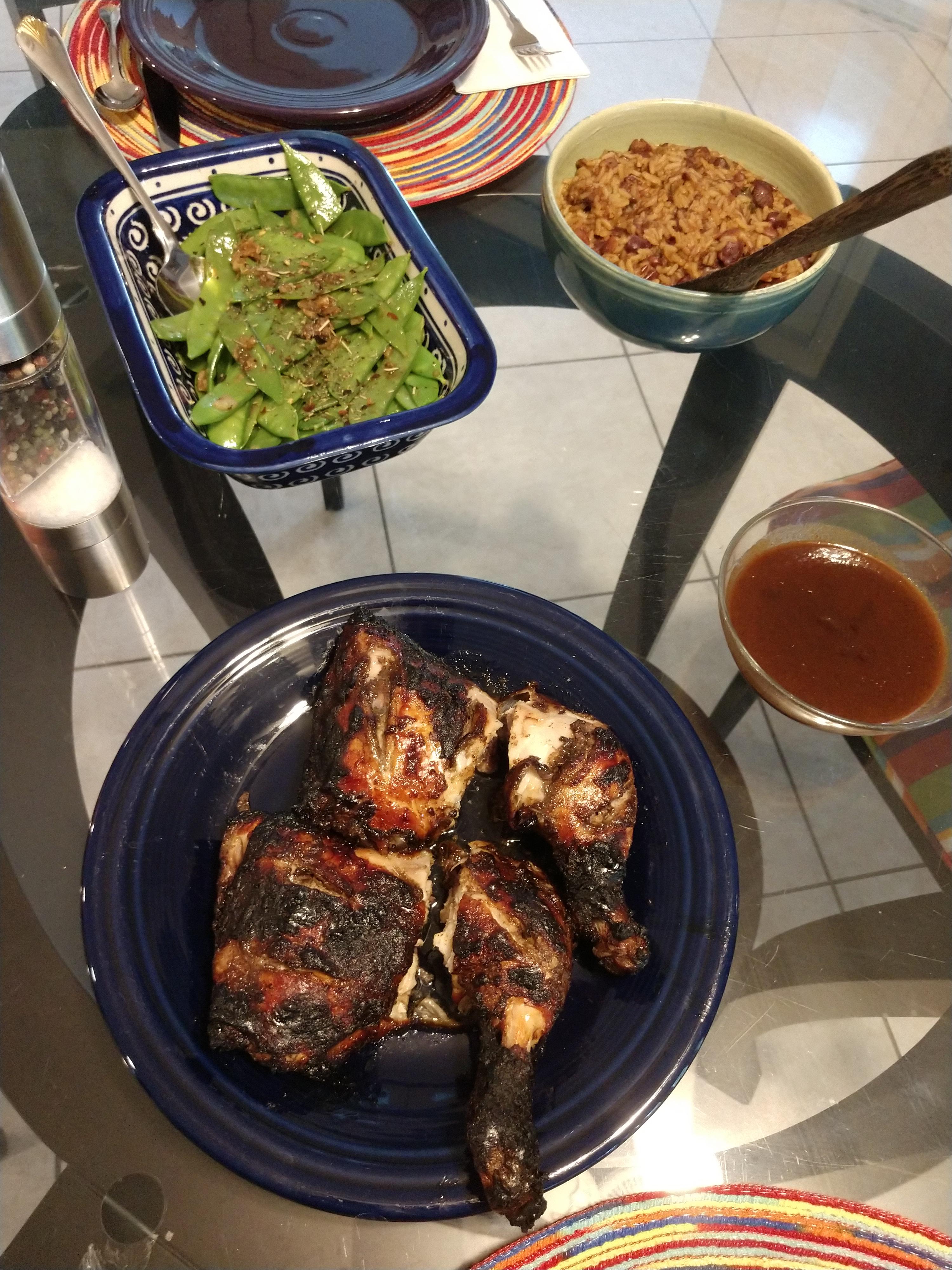 [Homemade] Jerk chicken and jerk BBQ sauce, snow peas with thyme and