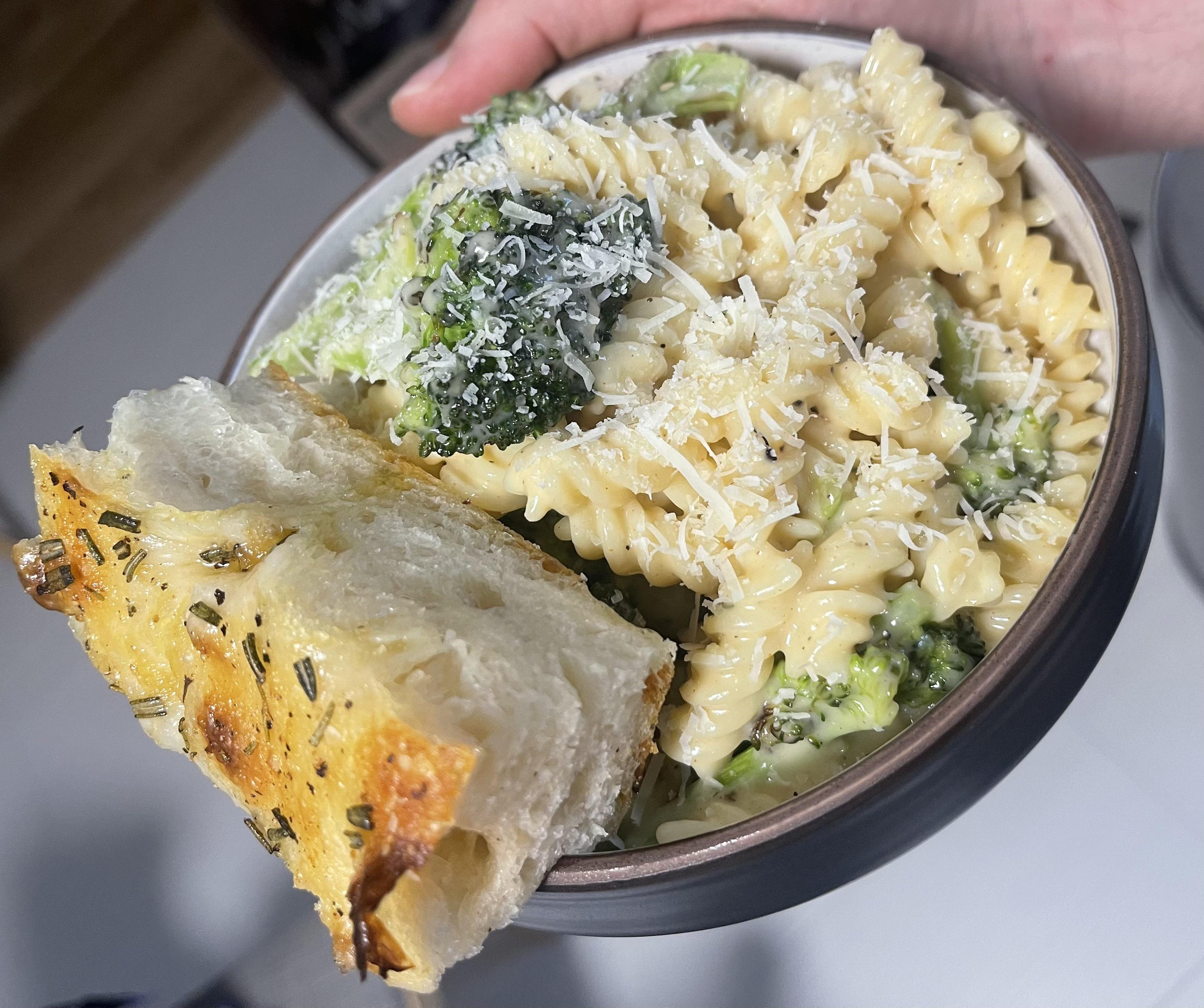 Roasted Broccoli Mac (Fusilli) & Cheese with Garlic Rosemary Sourdough
