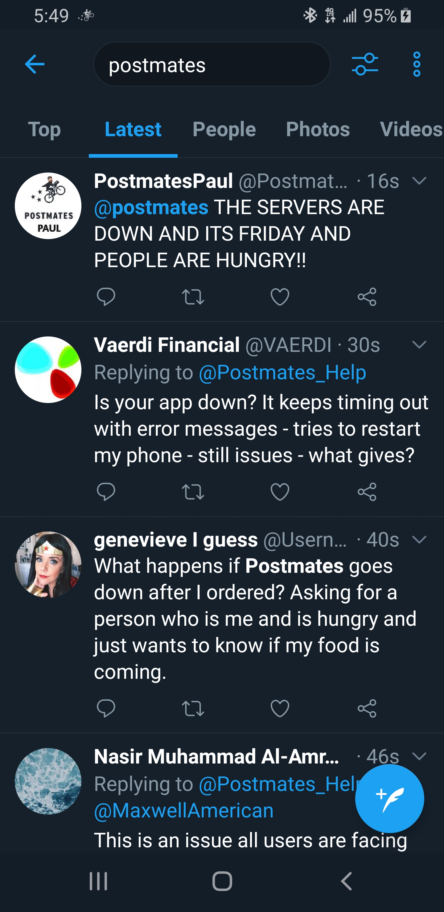 Postmates food ordering app is down all over... r/postmates