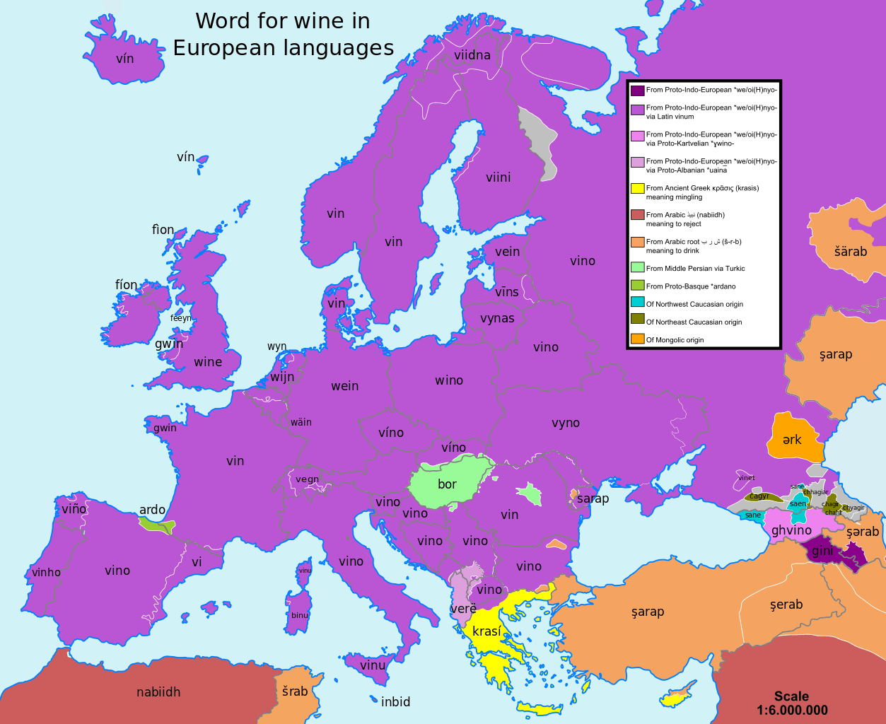Word for Wine in European languages [1253x1024] r/MapPorn