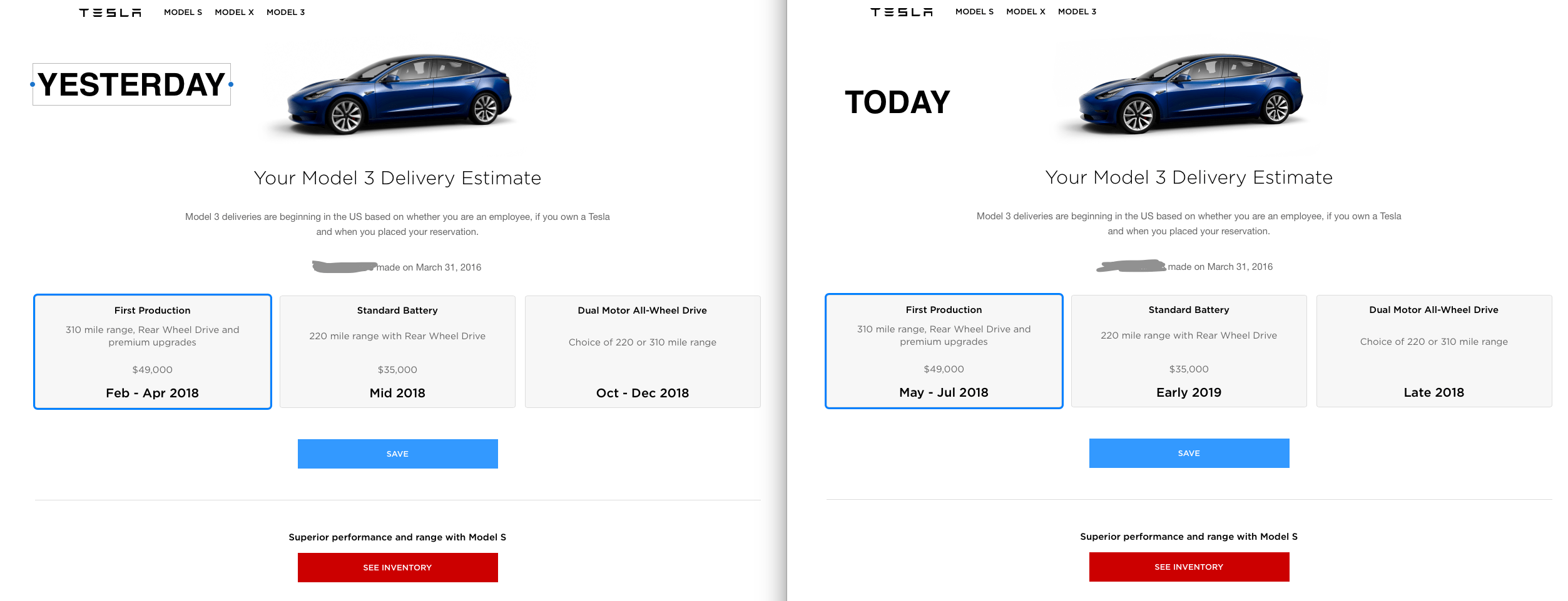 Model 3 Delivery estimate Yesterday & Today r/TeslaModel3