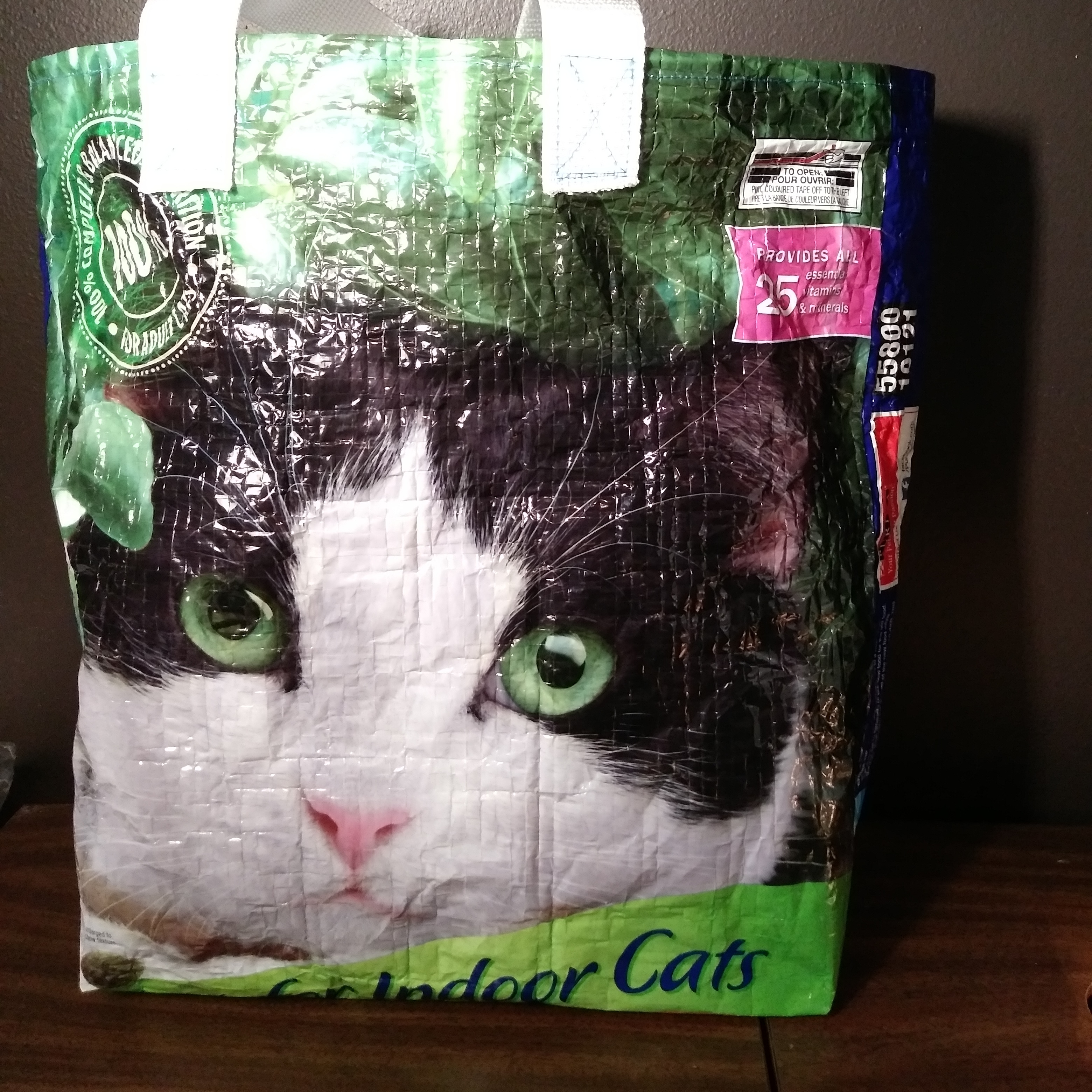 Cat food bag + leftover bag handles from a = reusable grocery