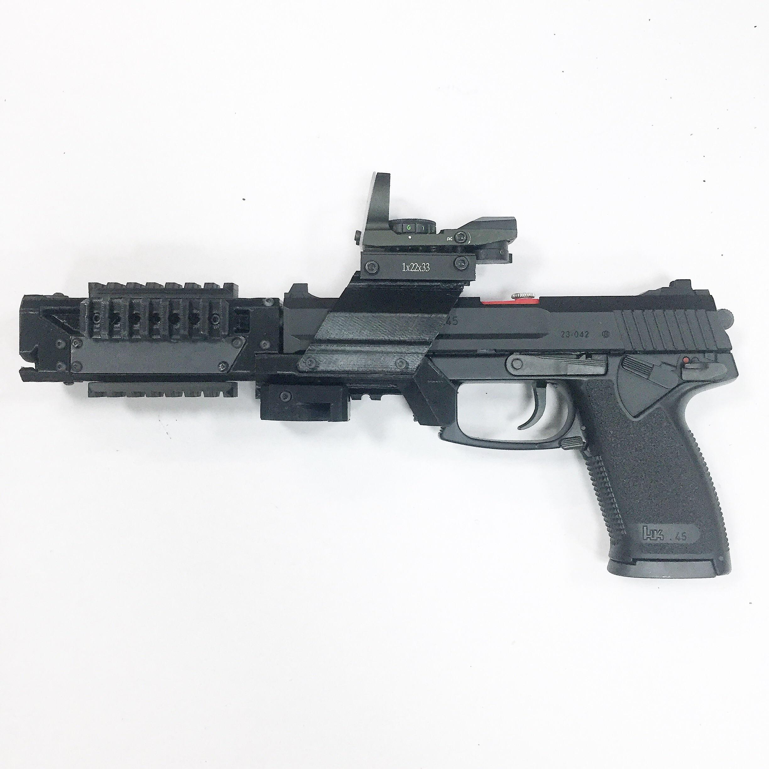 Added upper rail for Tokyo Marui MK23 airsoft pistol barrel extension front guard with