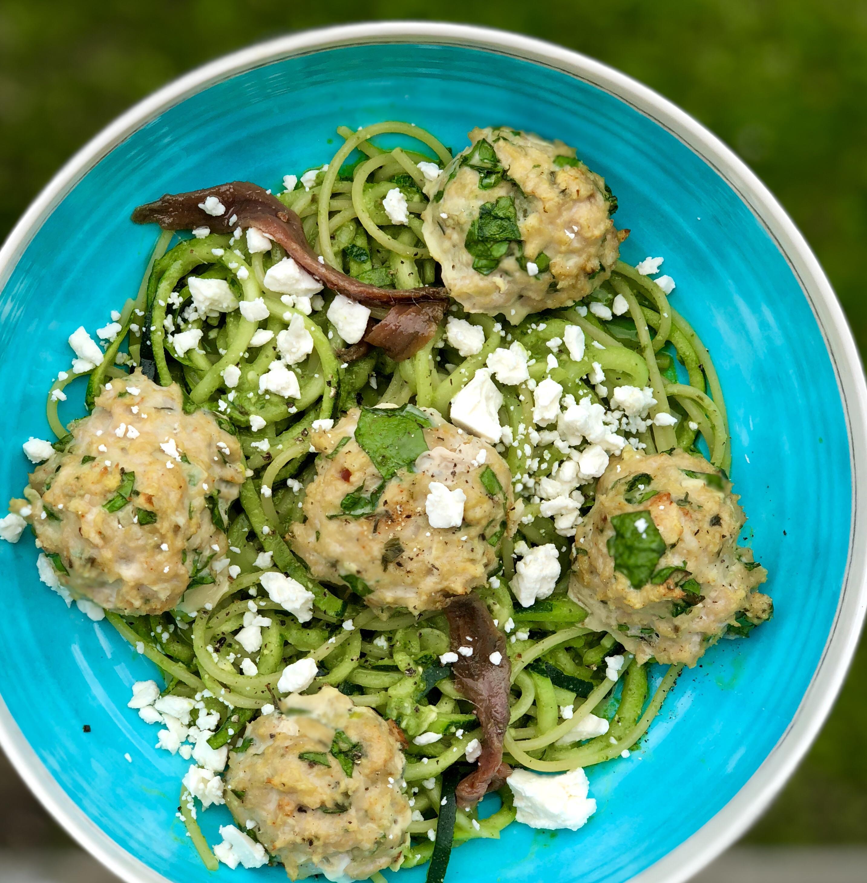 Zoodles + reducedcalorie pasta with pesto and chicken meatballs [438