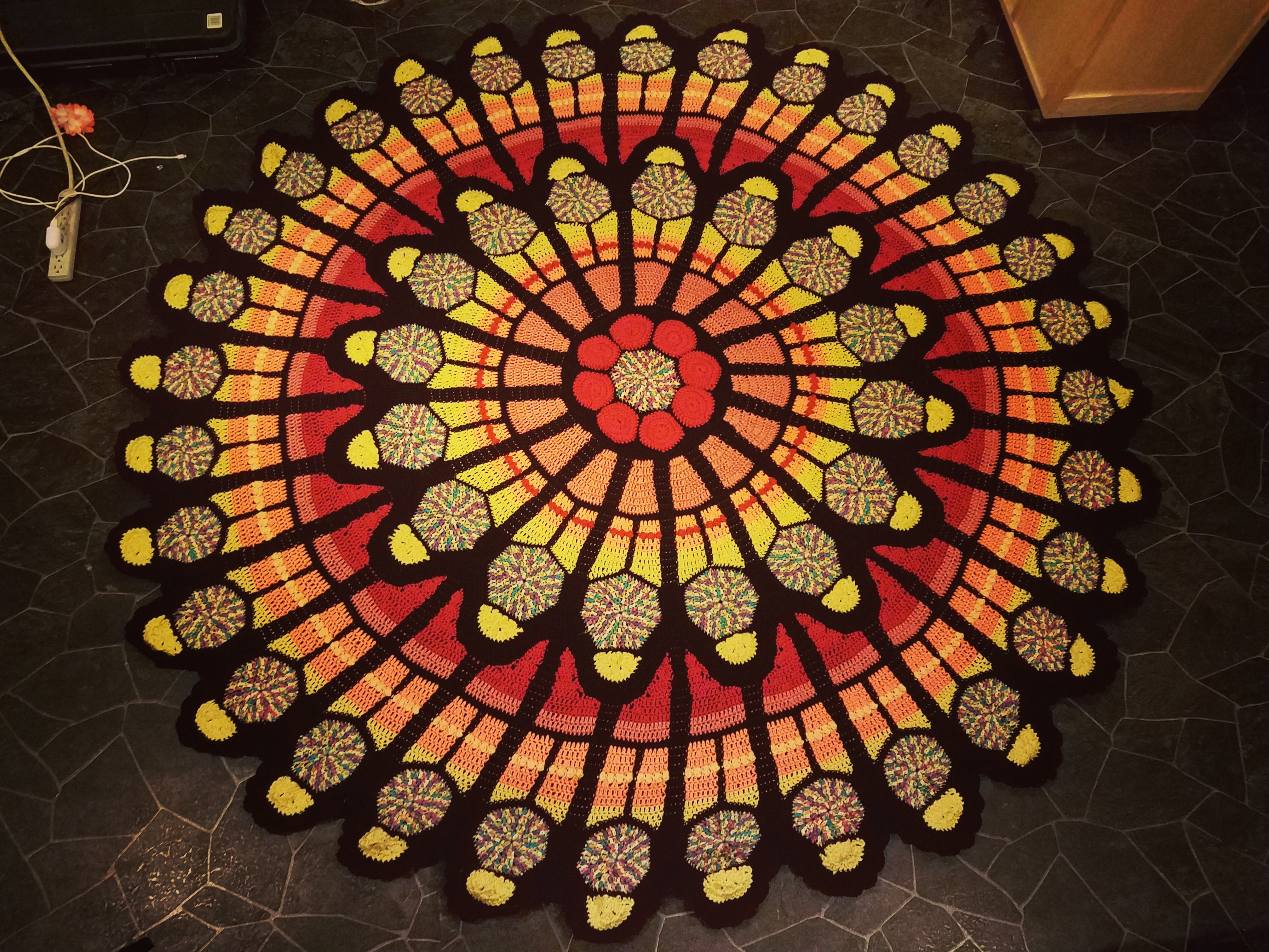 Finally finished Cathedral Rose Window blanket with velvet backing r