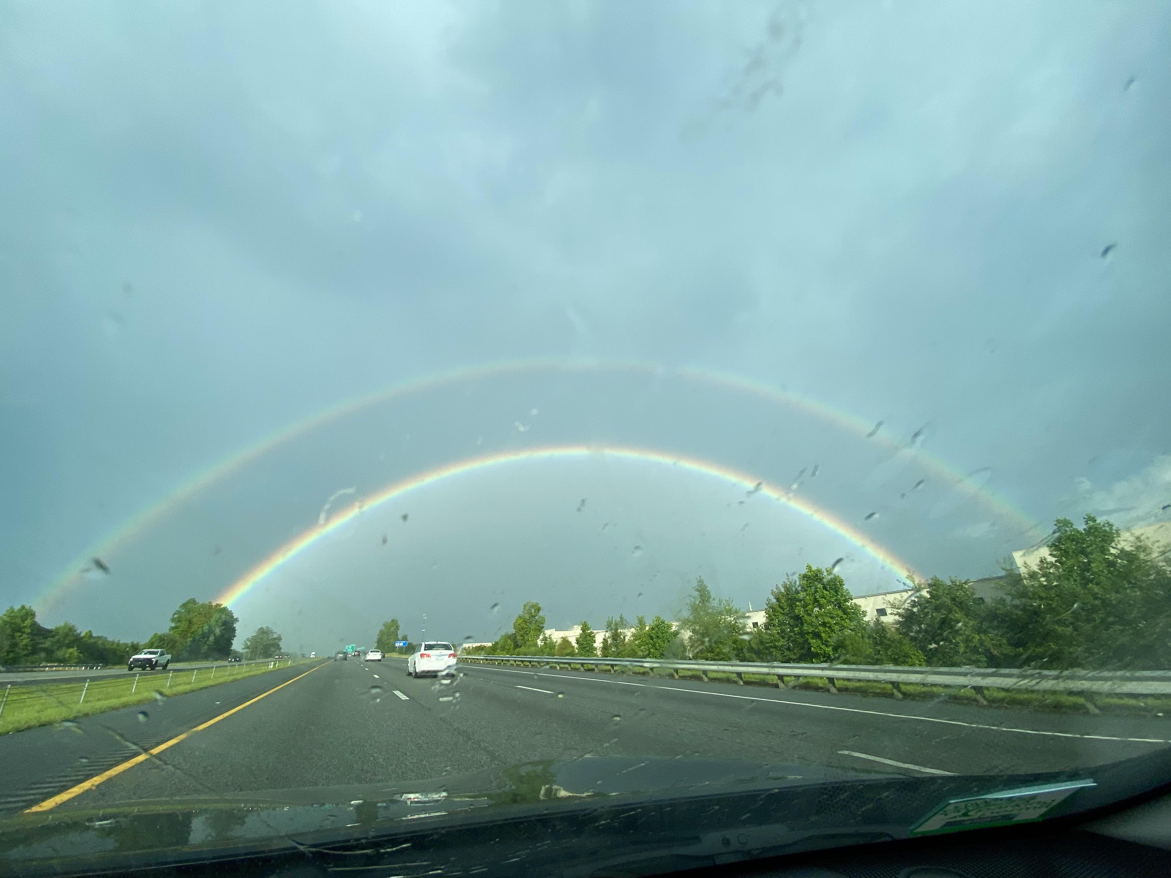 A full double rainbow while driving near Greensboro, NC. r