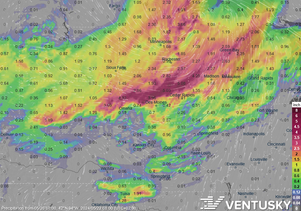 Precipitation amount in the next 48 hours (HRRR,