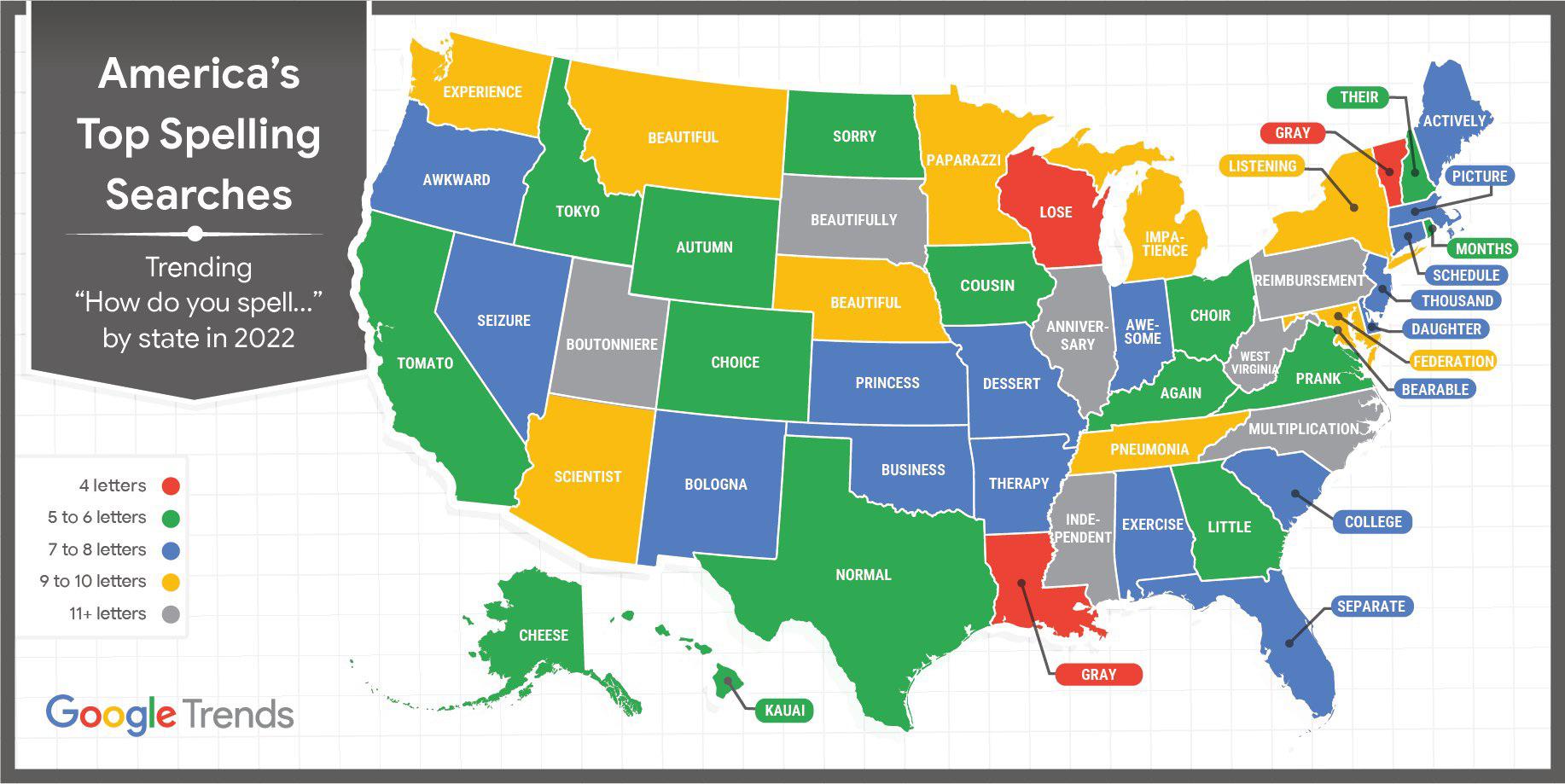 Top “How do you spell…” searches by state. r/MapPorn