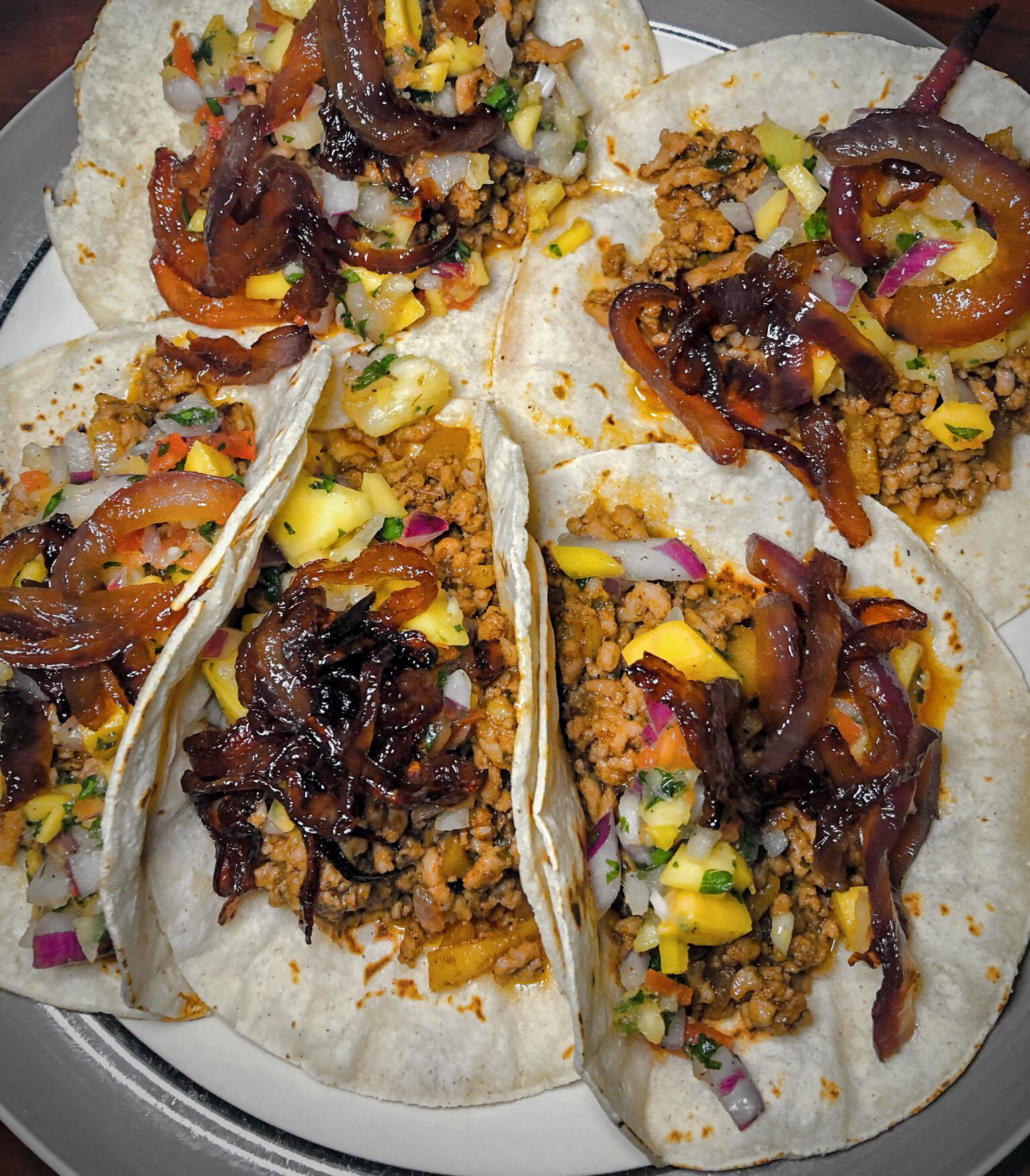 Ground Pork Al Pastor Tacos w/Mango Pineapple Pico de Gallo topped with