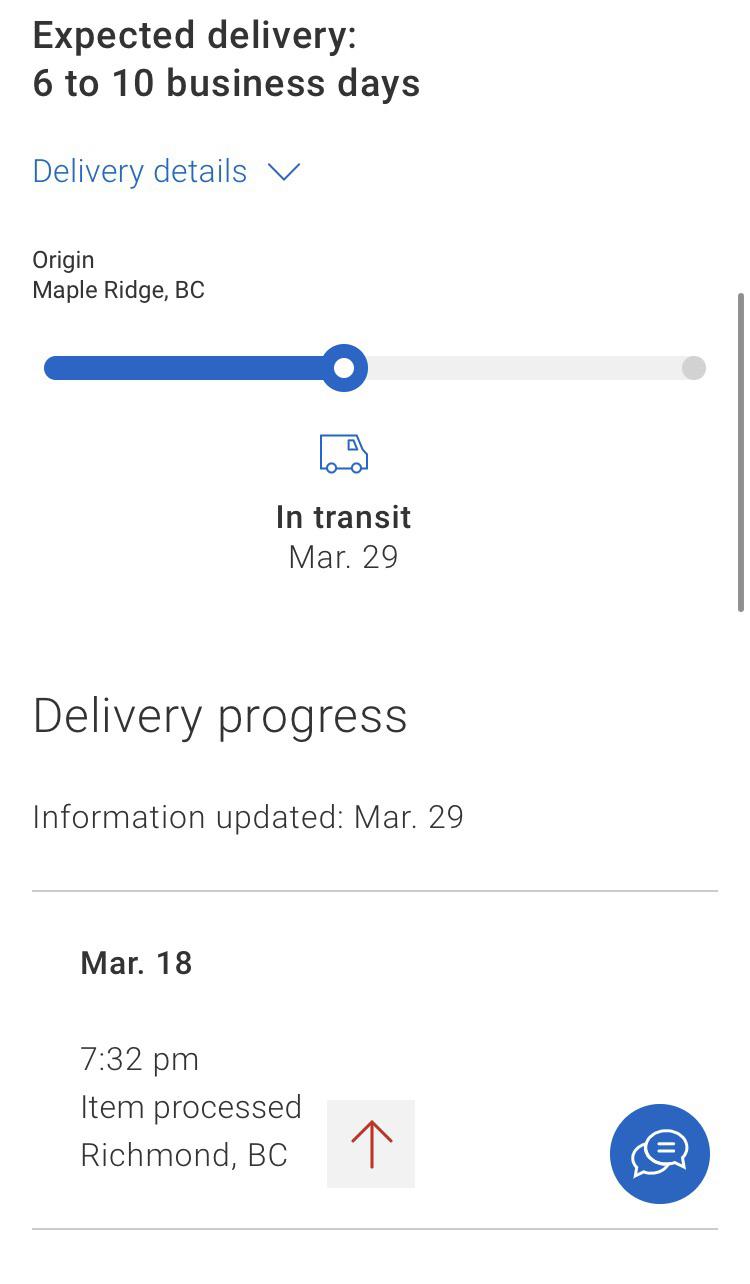 Canada Post International airmail package sitting in Richmond BC for 12