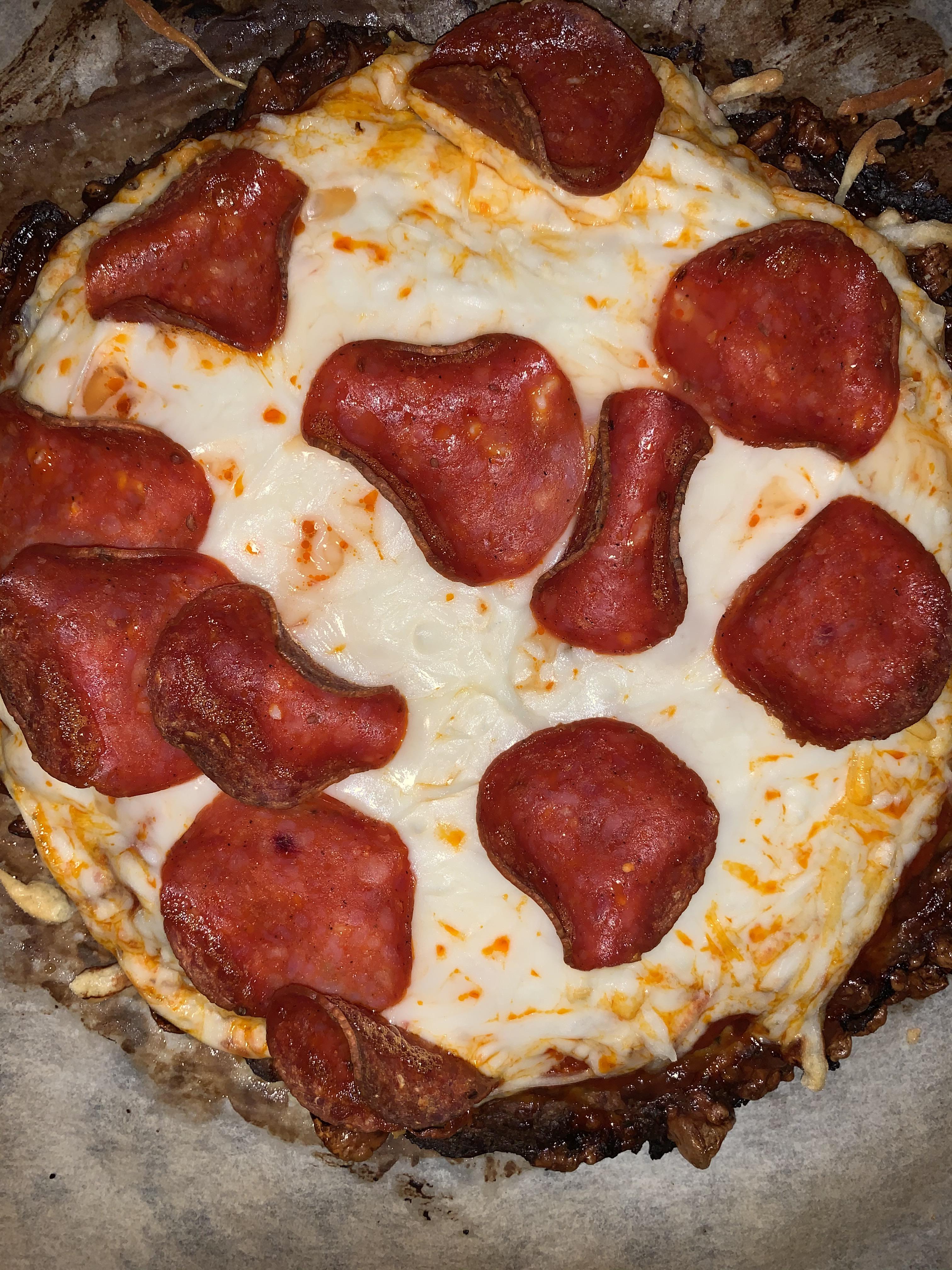 Cauliflower pepperoni pizza! So much cheese but on plan! (Gotta love