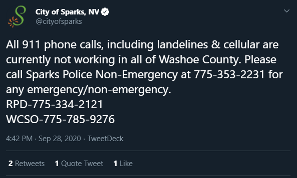 911 Calls aren't working in Washoe County right now Please call