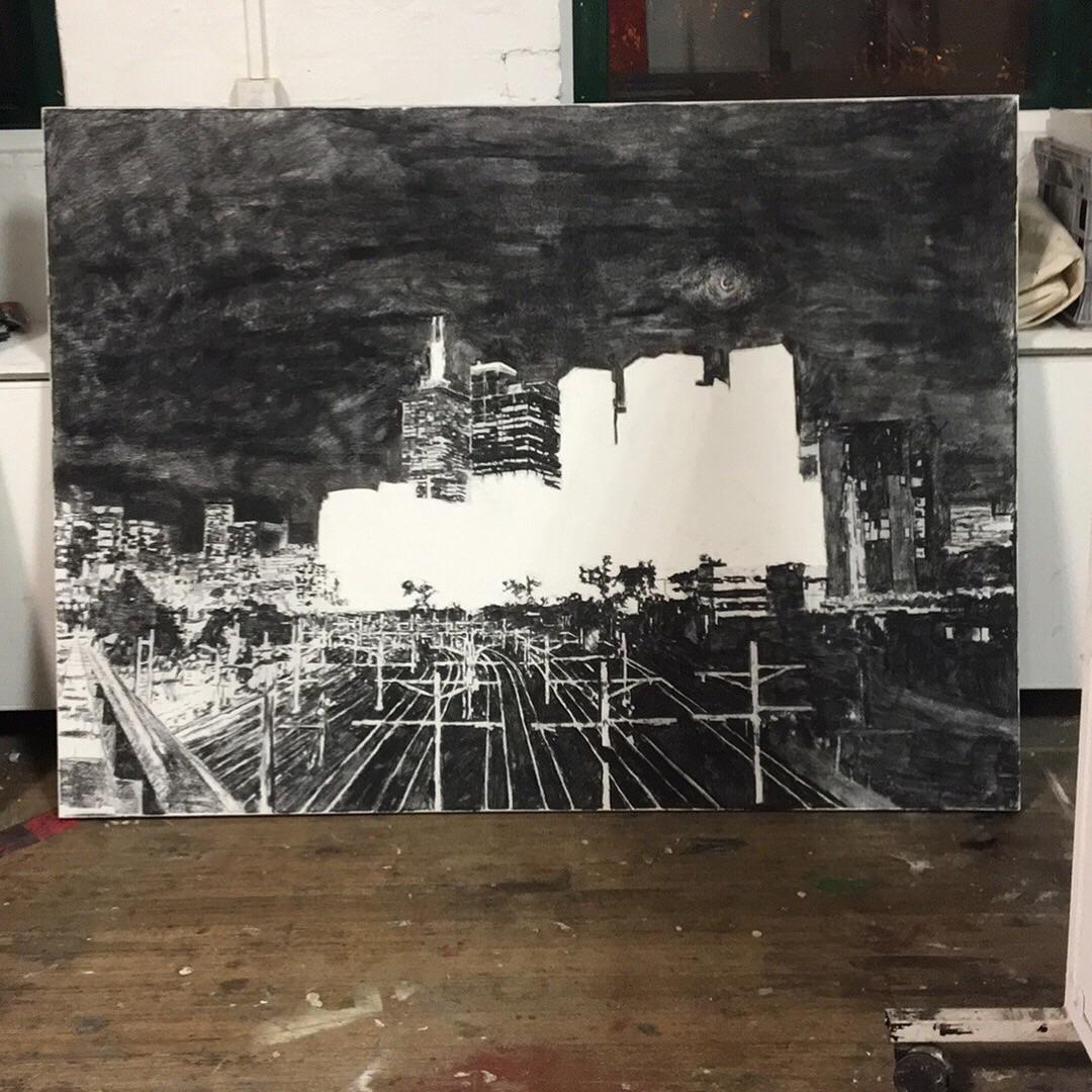 Melbourne city, charcoal on canvas, 170 x 130 cm r/Art