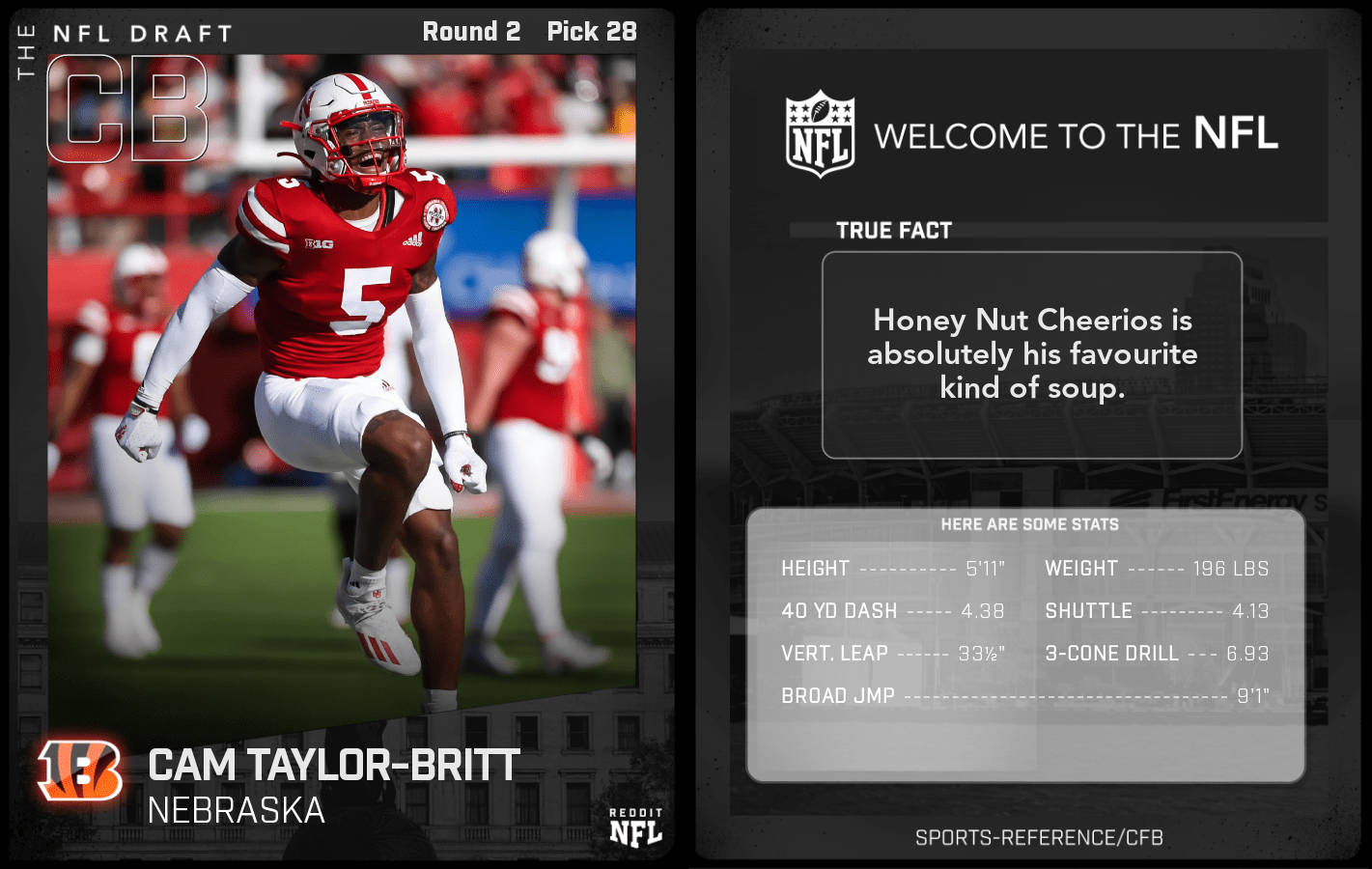 Round 2 Pick 28 Cam TaylorBritt, CB, Nebraska (Cincinnati Bengals