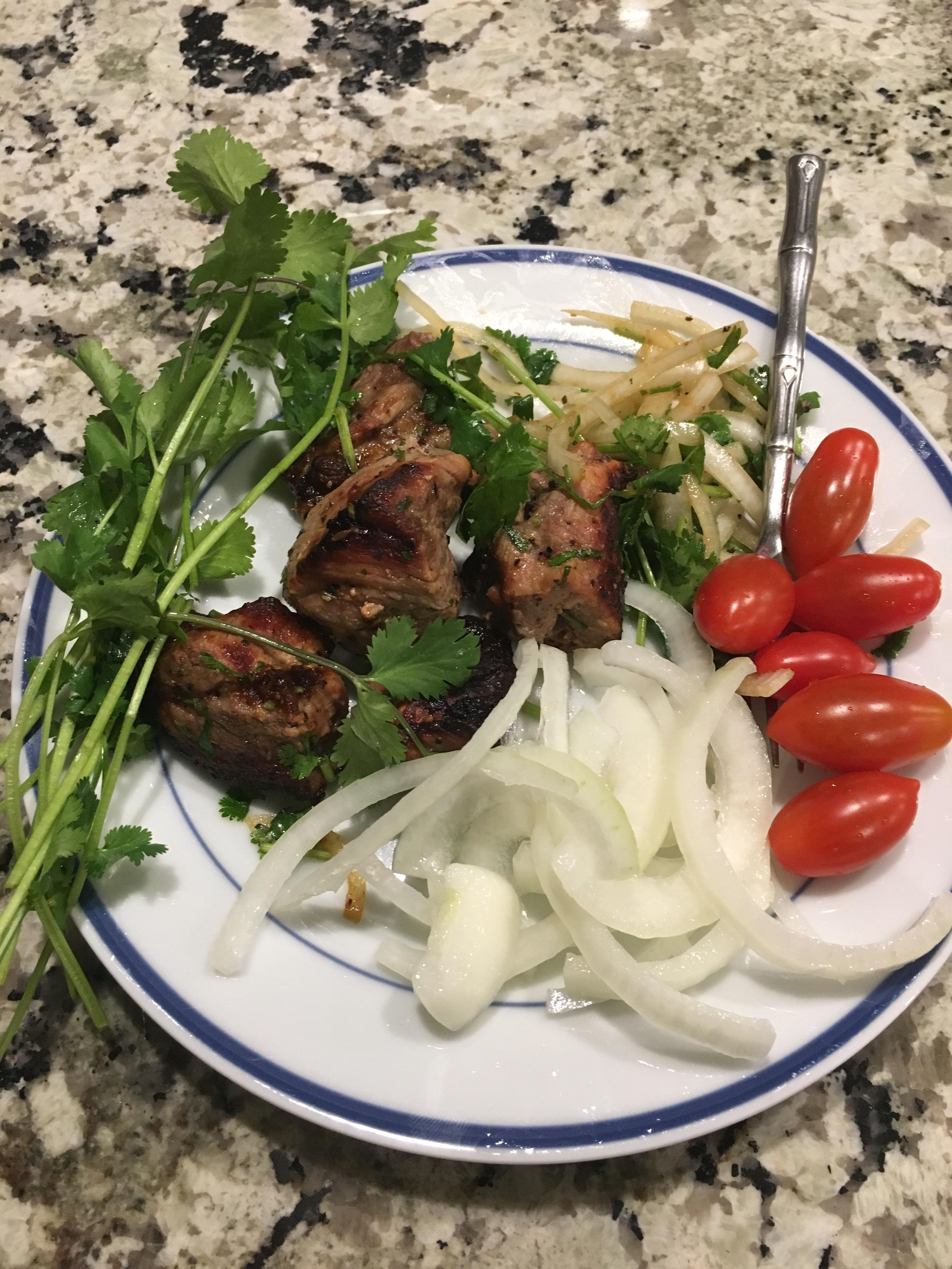 Pork shoulder kebabs with vinegar onions and cilantro. Kavkaz style r