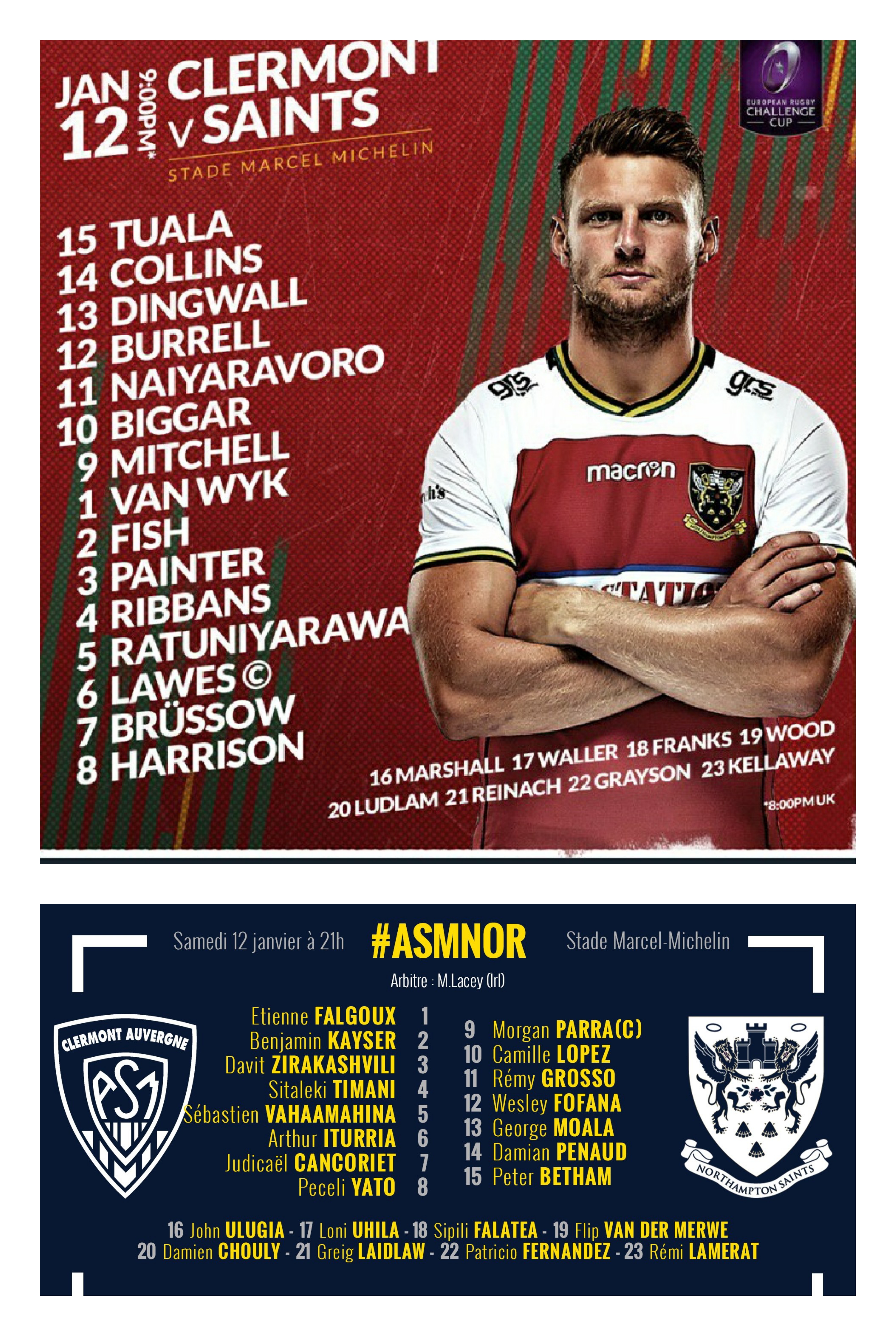 Clermont and Northampton squads for saturday. It might only be the