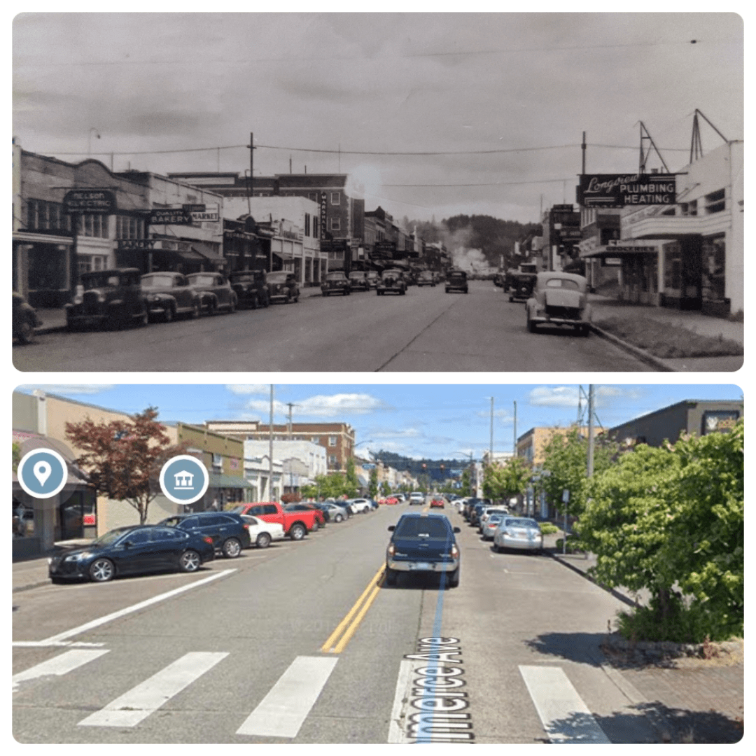 Longview, Washington Commerce Ave. (1947) RPPC and Google street