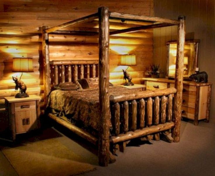 Log furniture for cabins. With flannel plaid blankets (red and black
