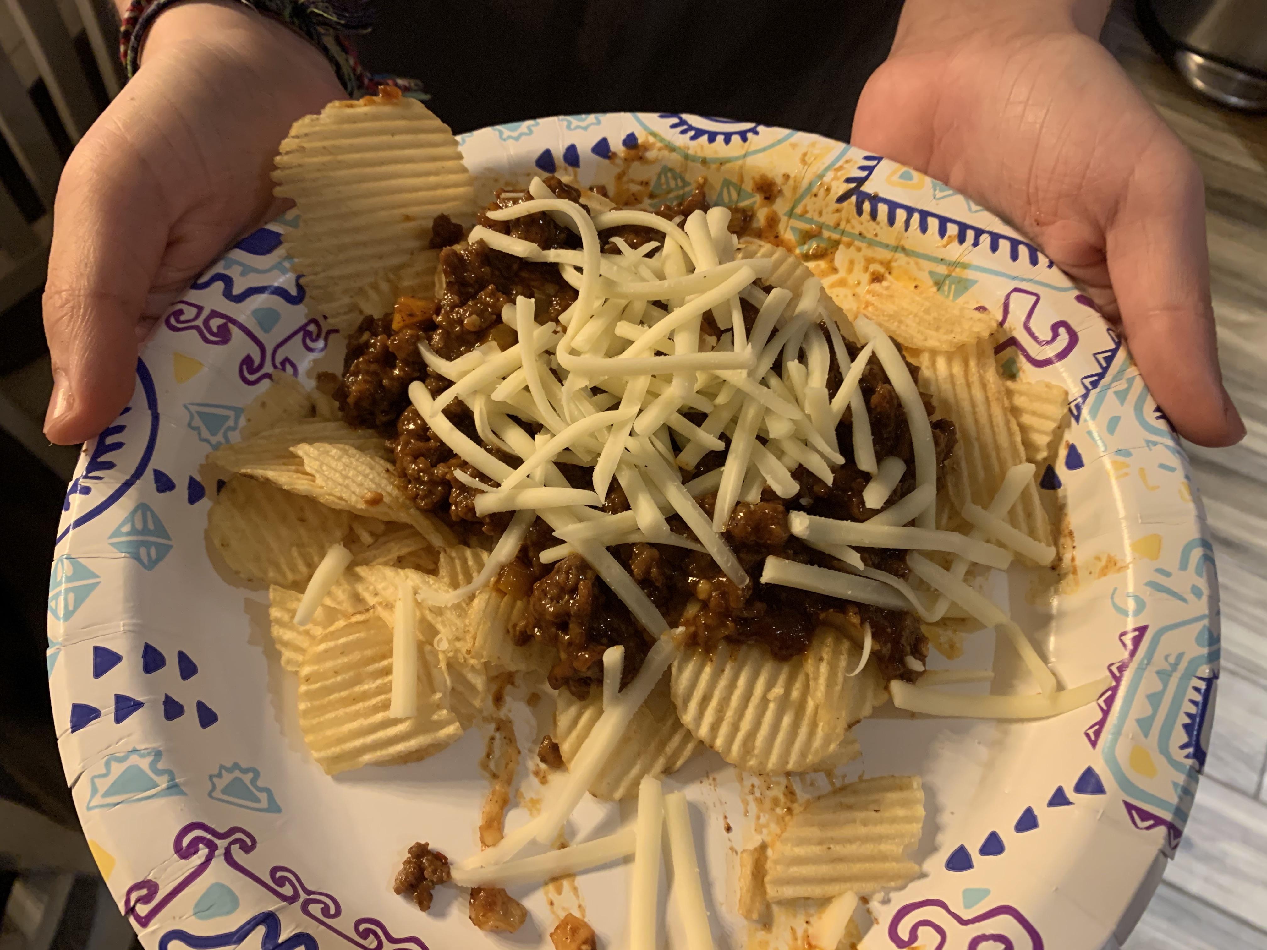 Day 21 of Quarantine White Trash Nachos Potato Chips, Leftover Sloppy Joe, Leftover random