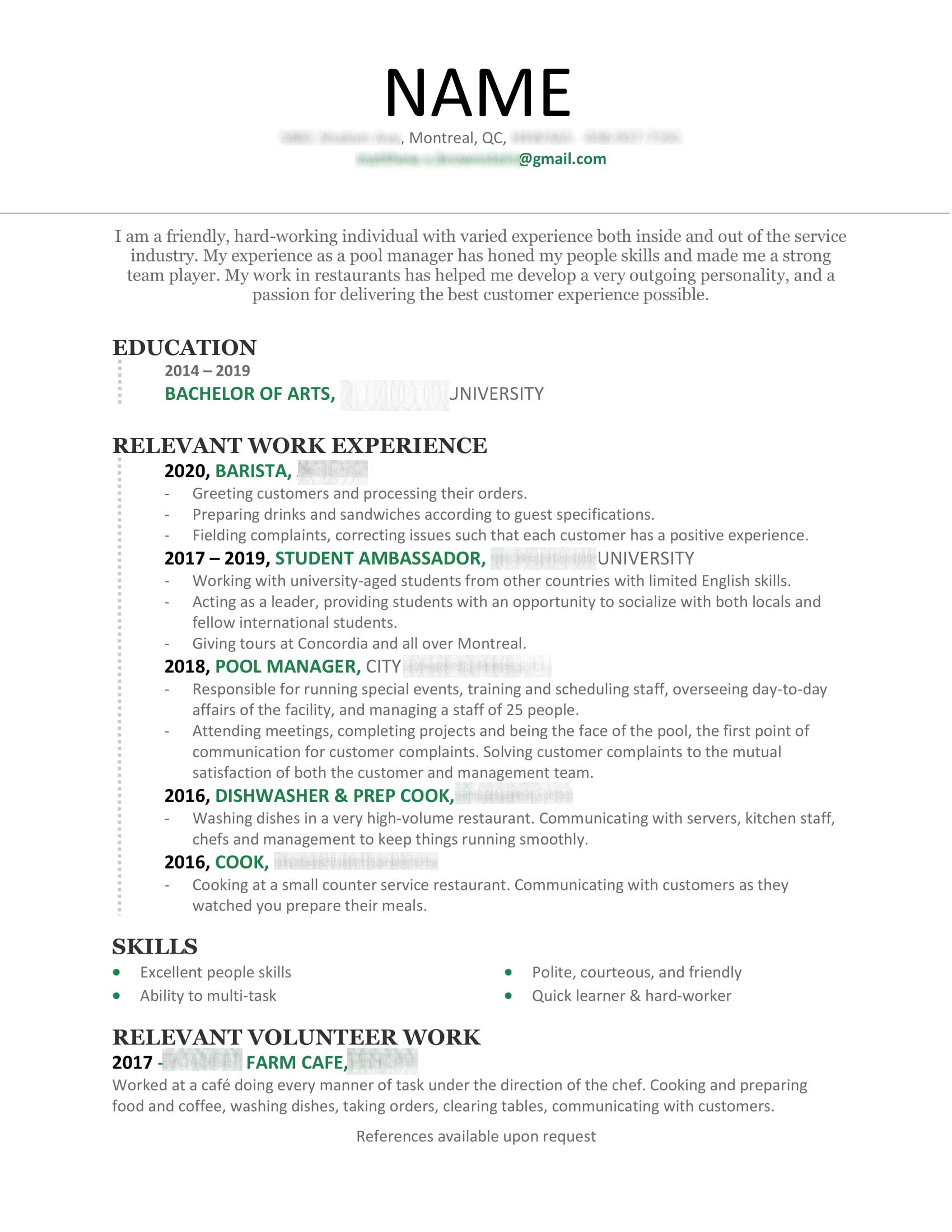 Please Critique My Resume! Barista looking to get a job as a barback/busboy/server/bartender