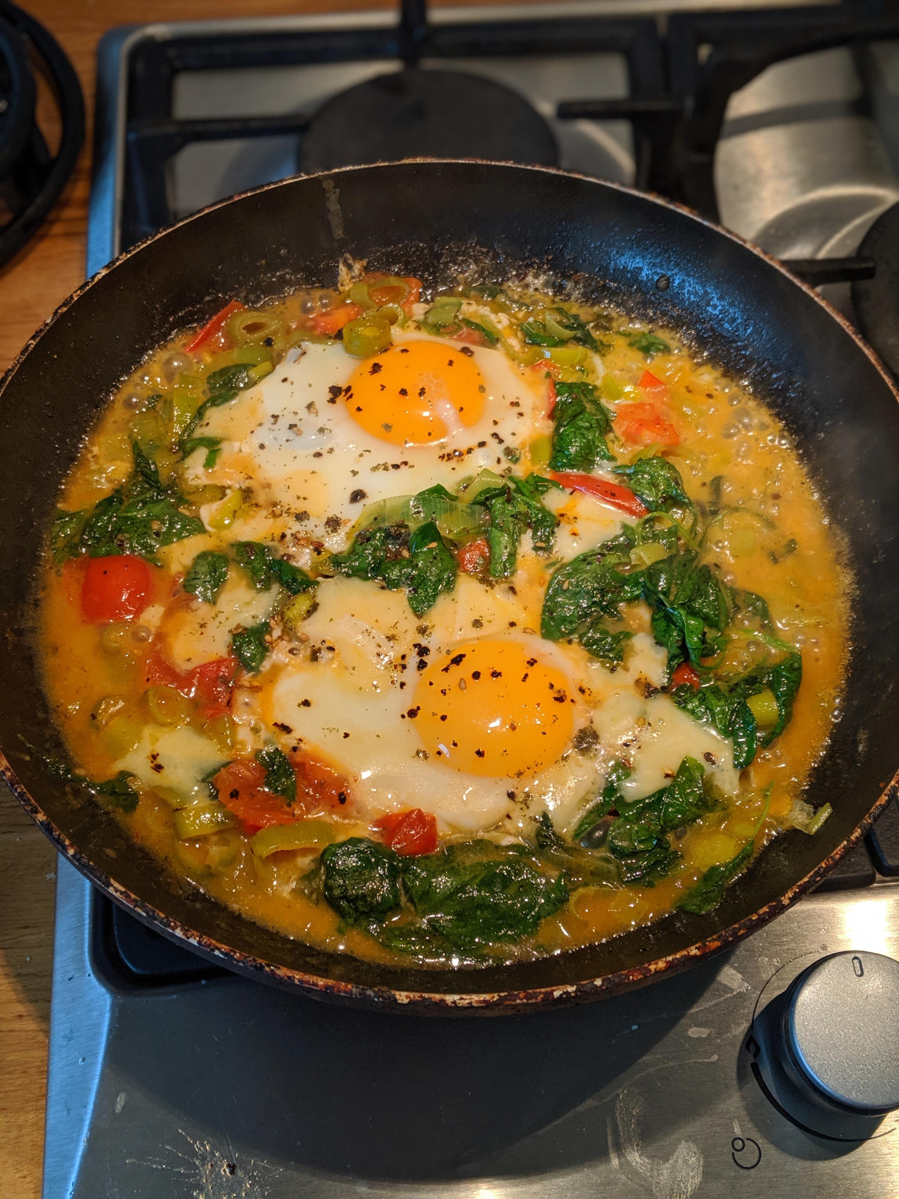 Braised eggs with leeks, spinach and cherry tomatoes 🍳 r/TheHighChef