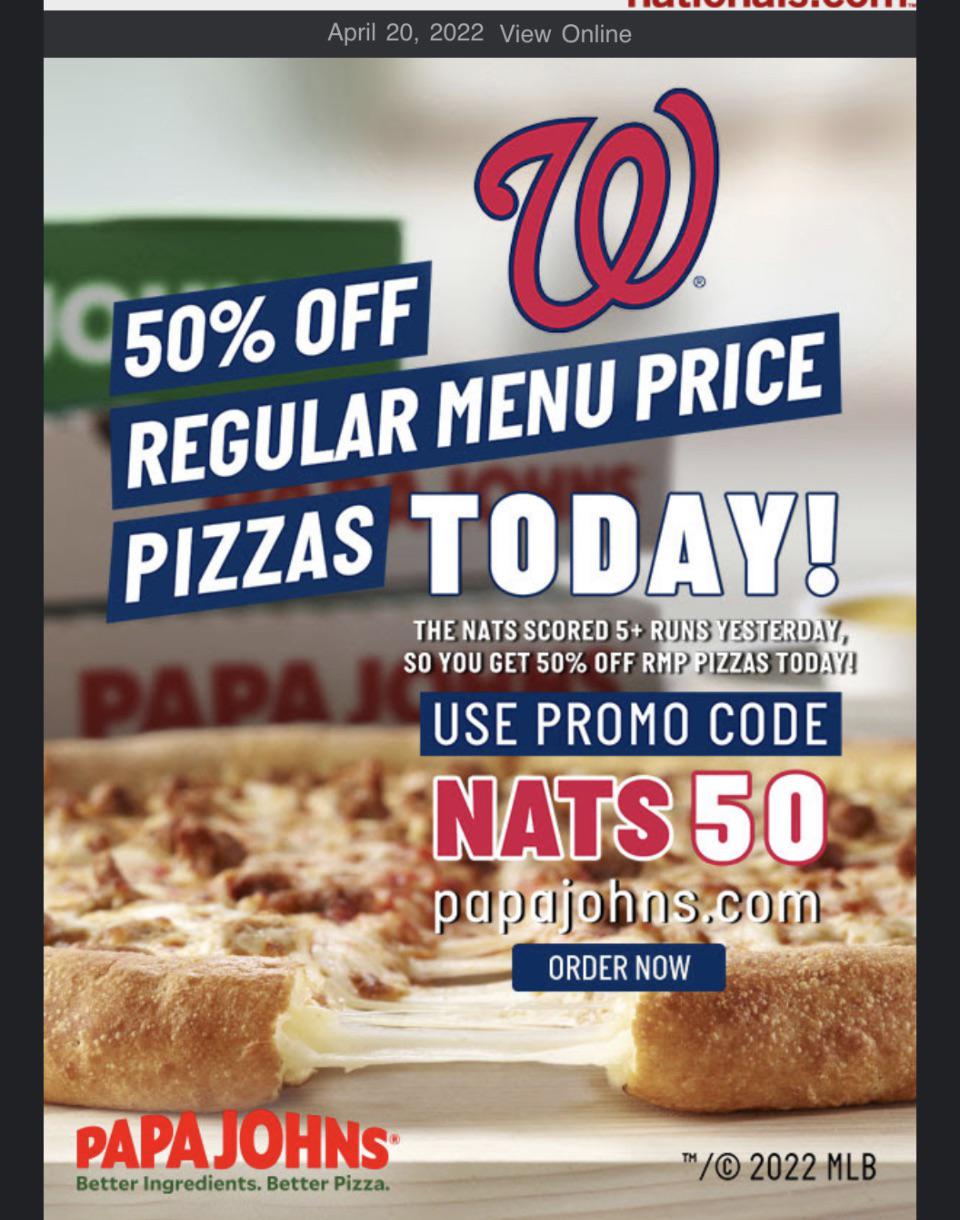 Papa John deal is back every time the Nats score 5 runs! r/Nationals