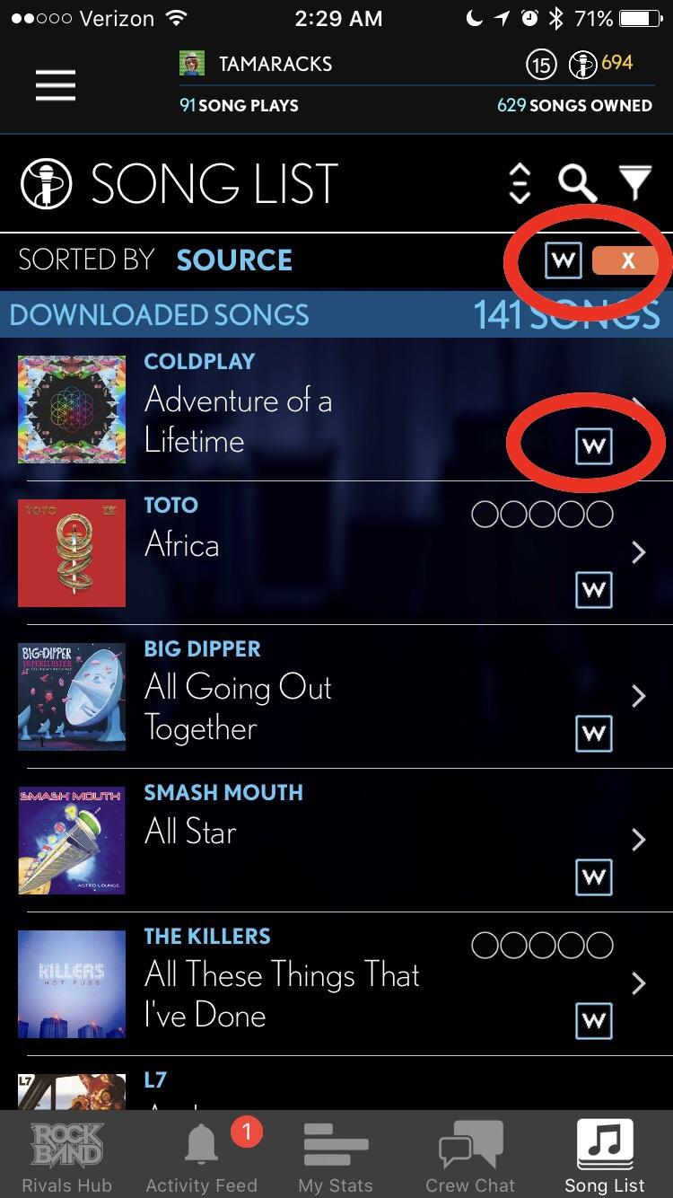 What does the "W" mean in the song list? If you tap it on a song, it