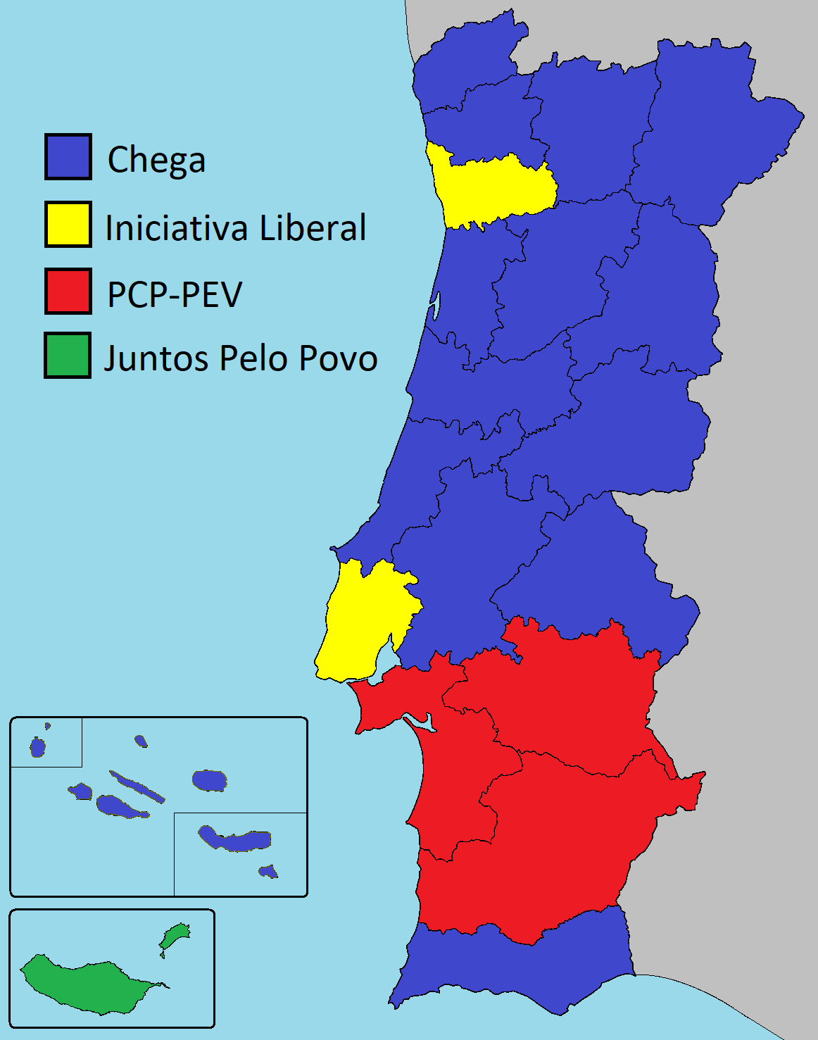 Portuguese elections most voted party per district except for PS and
