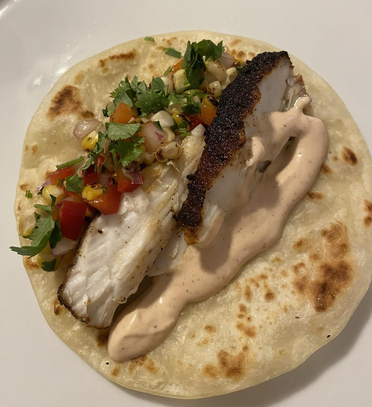 [homemade] blackened striped bass, chipotle crema, corn salsa taco r/food