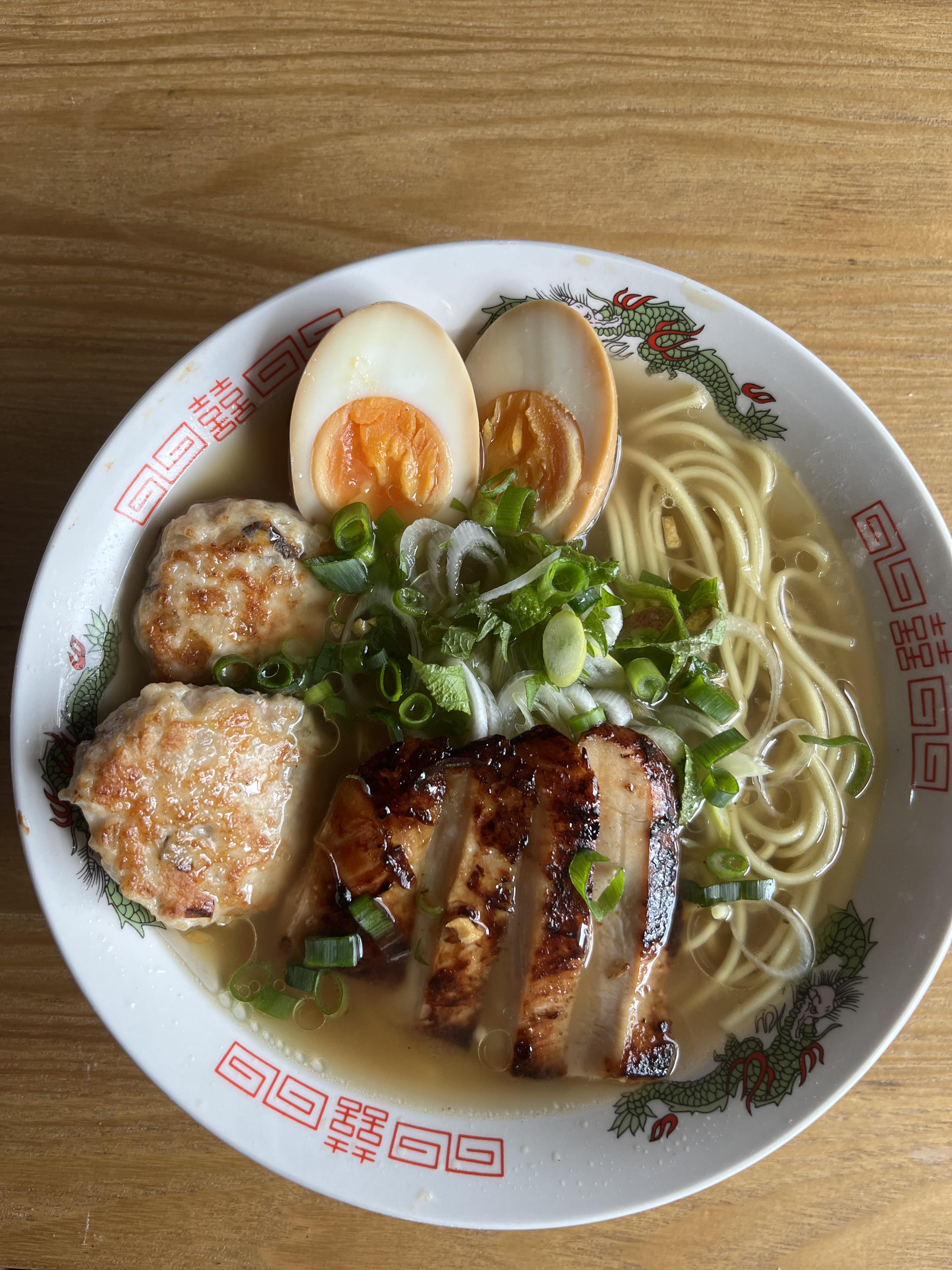 [Homemade] Fish Broth ramen with Tsukune, AjiTama, and Miso Seared