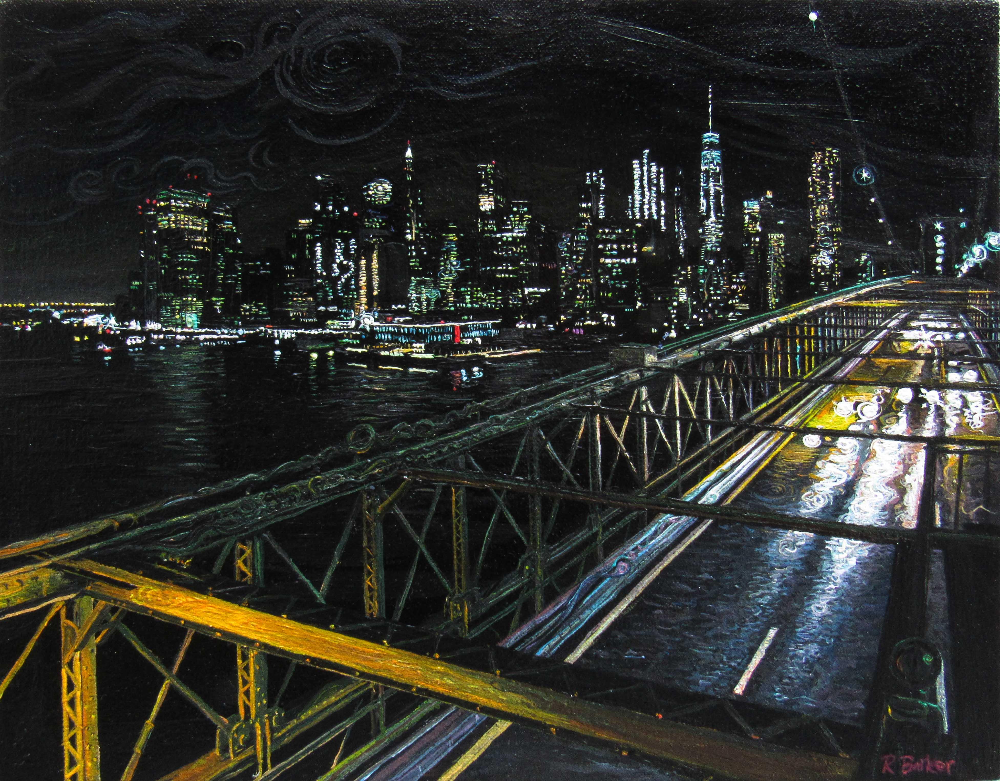 Painting of Manhattan at night from the Brooklyn Bridge r/pics