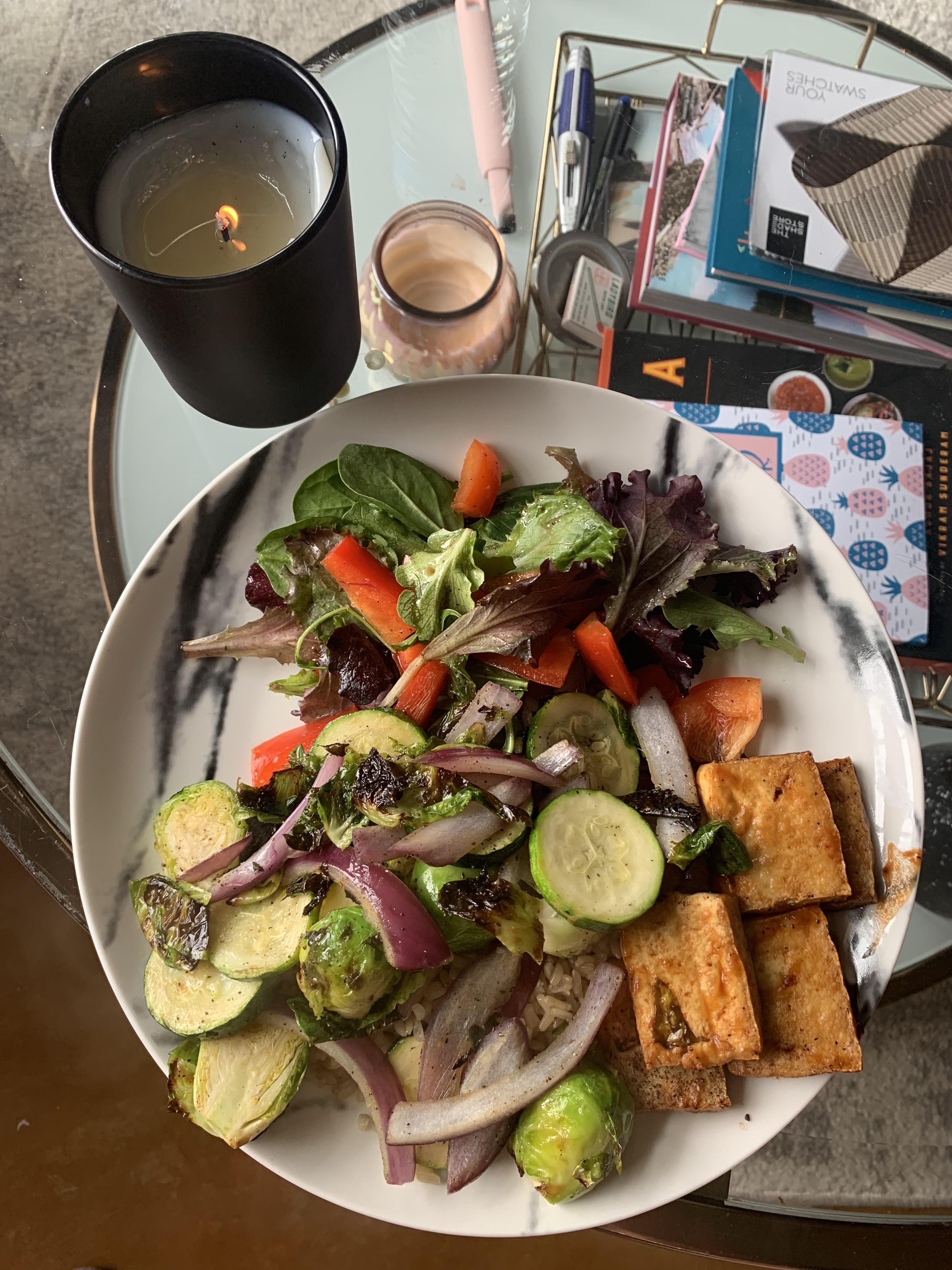 450 calories. BBQ tofu with brown rice, roasted veggies and a simple