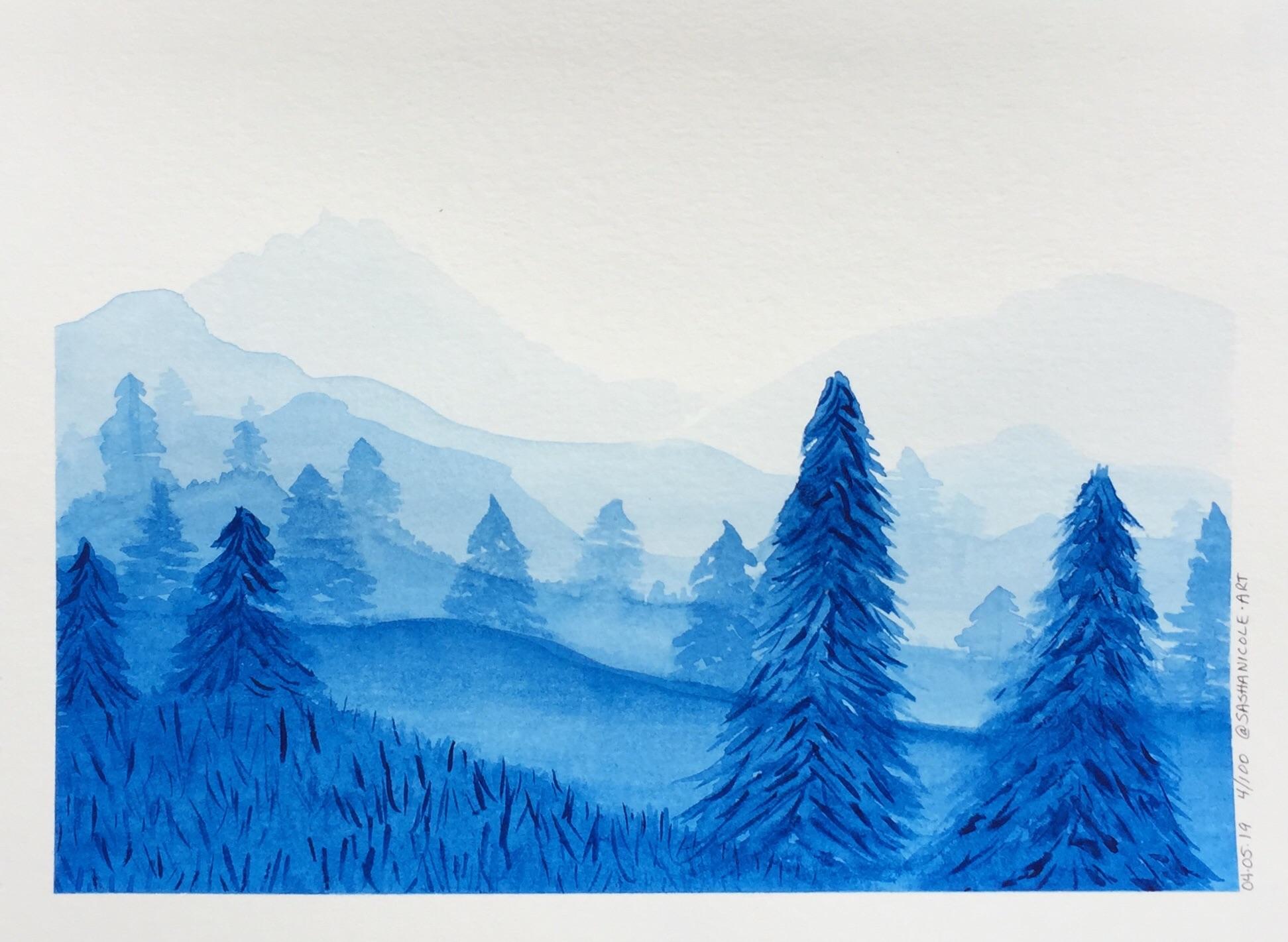 Blue mountains and trees r/Watercolor