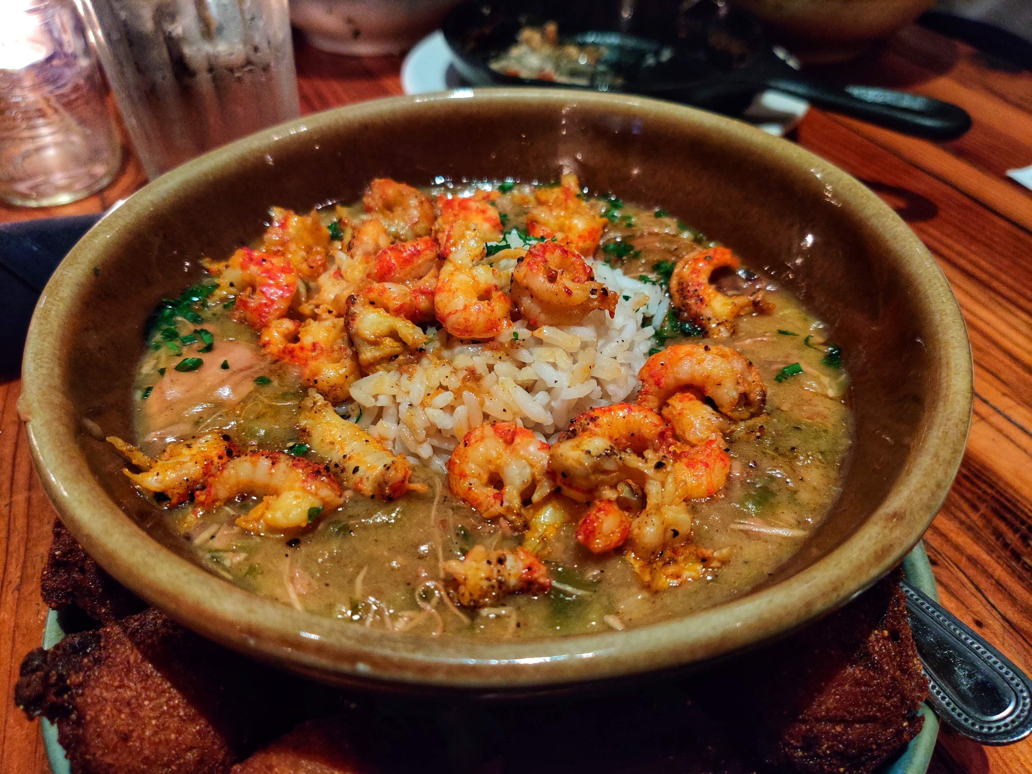 Delicious seafood gumbo with Crayfish, shrimp, shredded beef, rice and