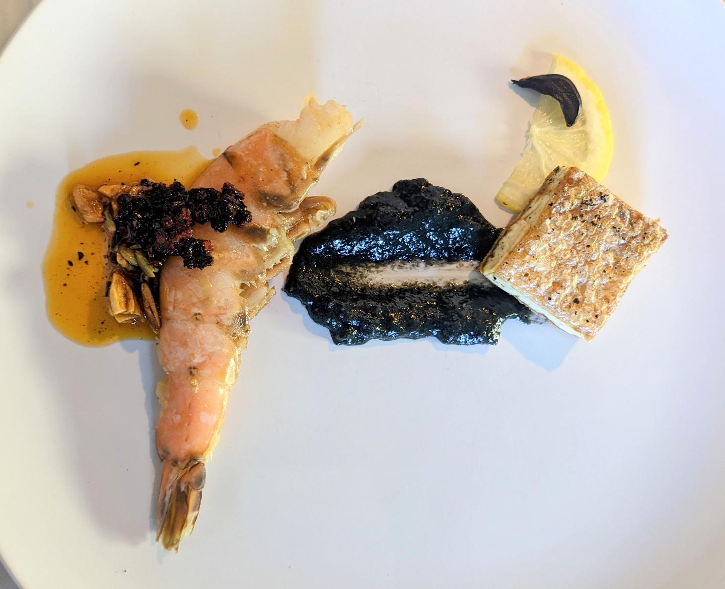 shrimp with salsa macha, charred lemon sauce, tofu bonded with salmon