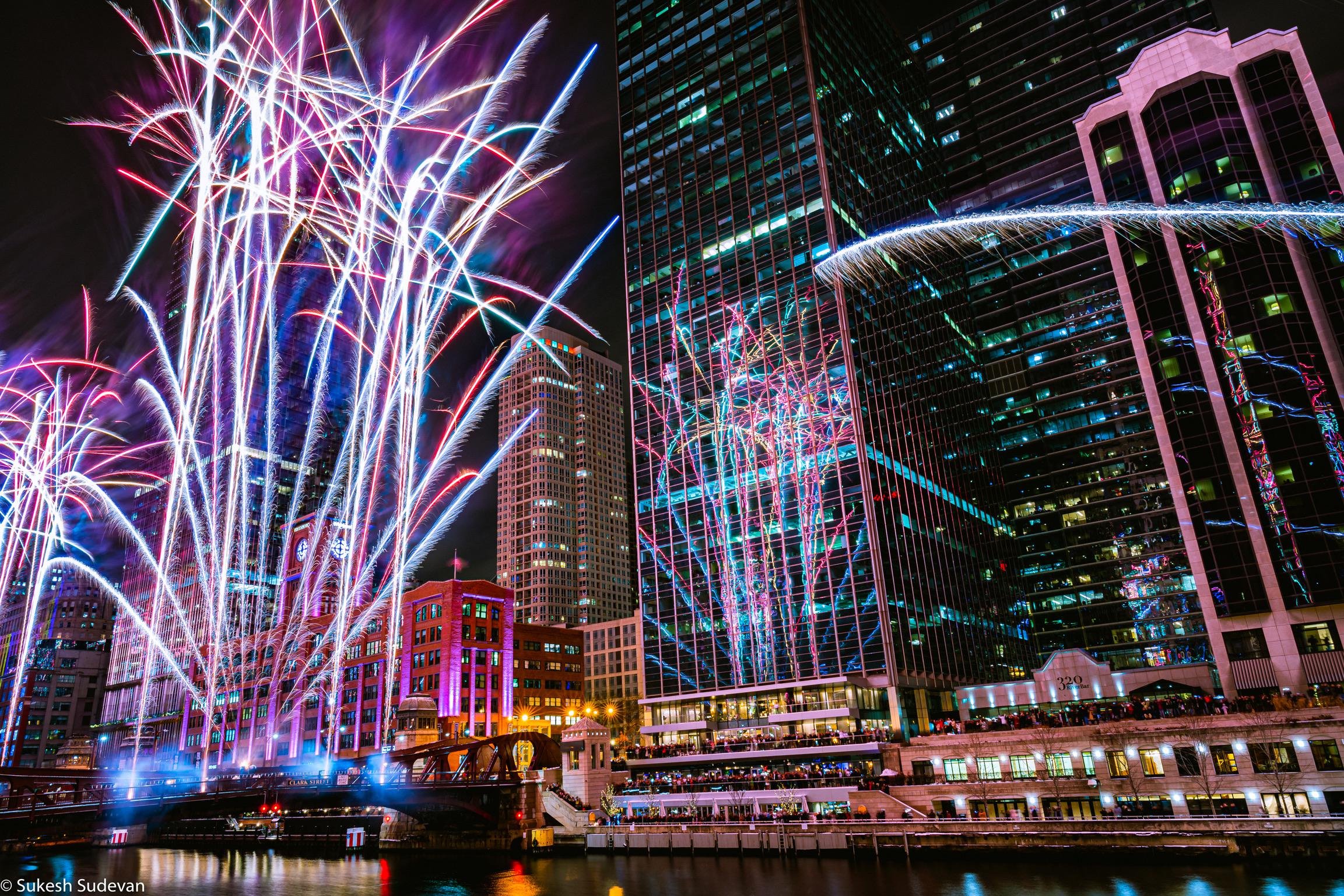 Chicago River Fireworks on the new year 2020. Shot on Sony A7iii with