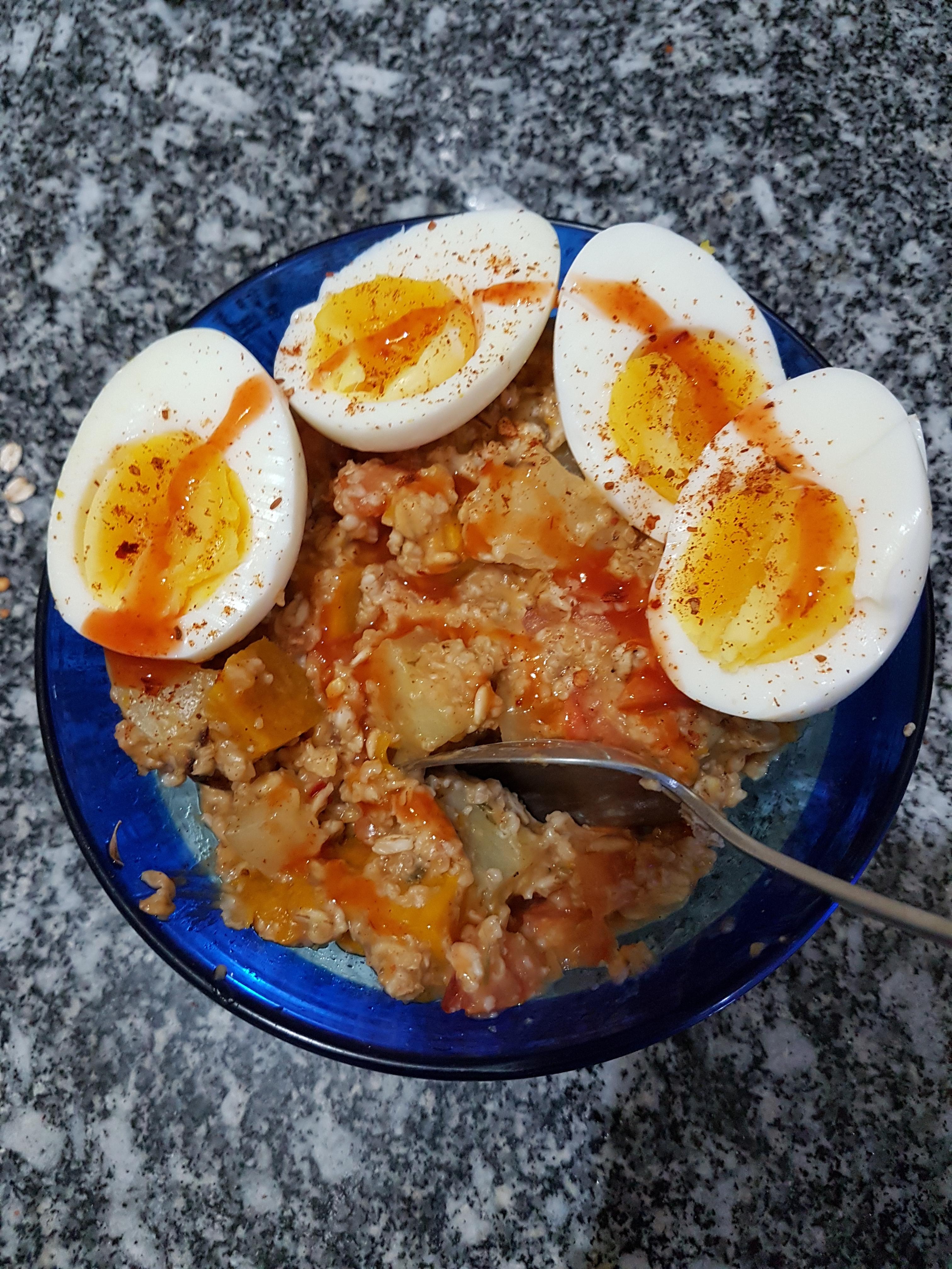 Hot and spicy savory oatmeal with oven roasted pumpkin, potato, carrot and tomato. Topped with