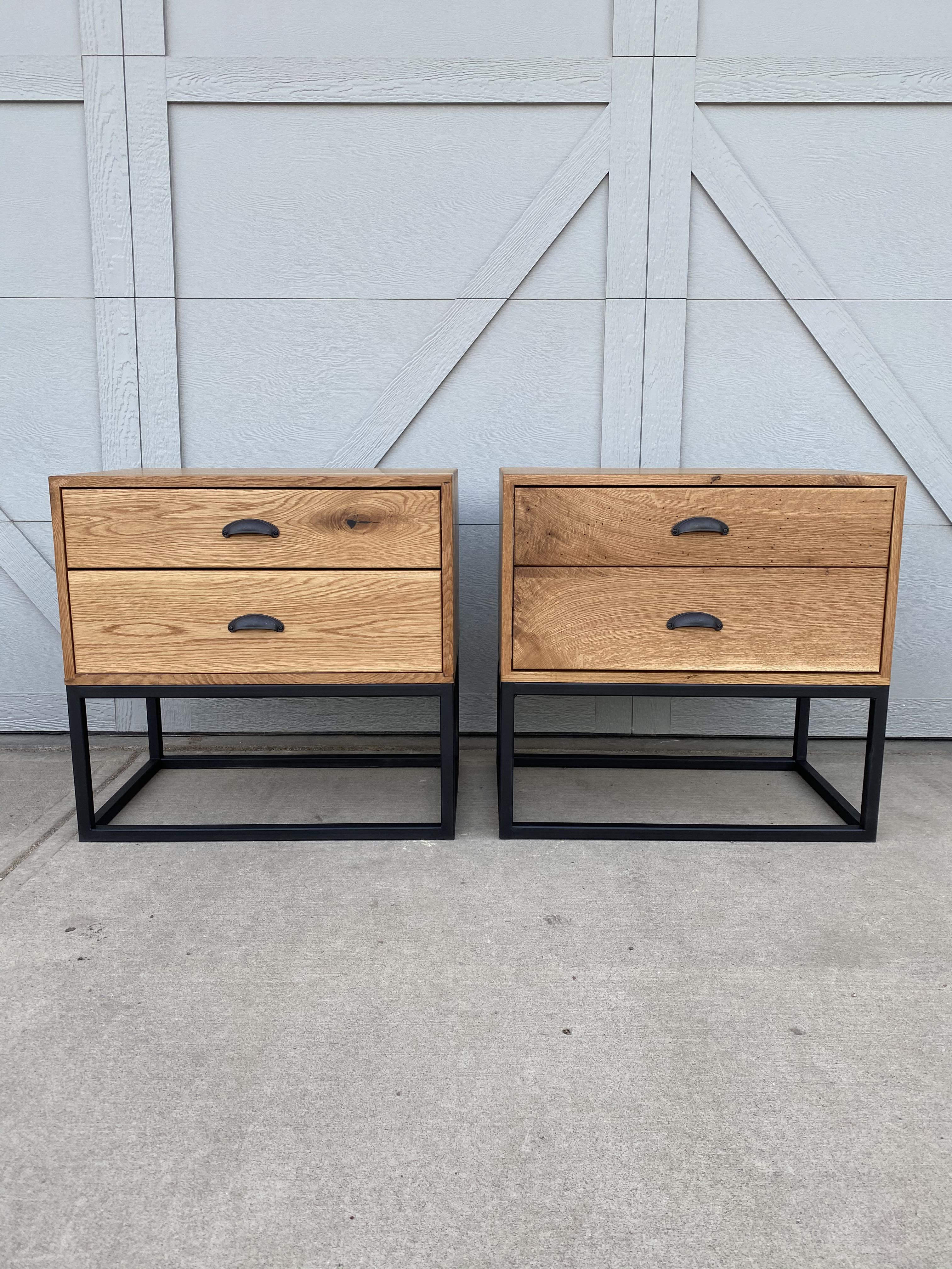 White oak and steel bedside tables I finished up today. r/woodworking