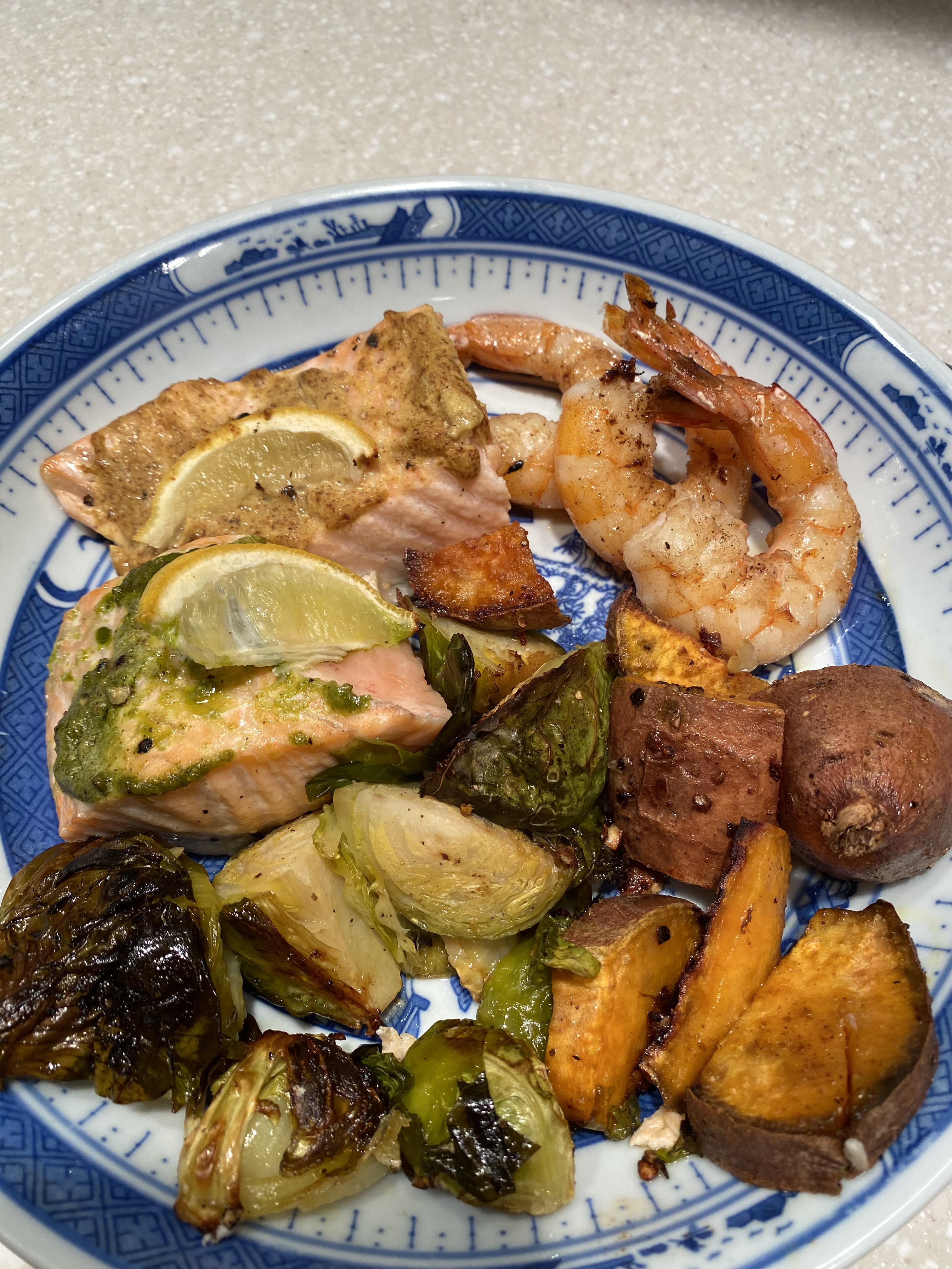salmon,shrimp, brussels sprouts and sweet potato healthy and