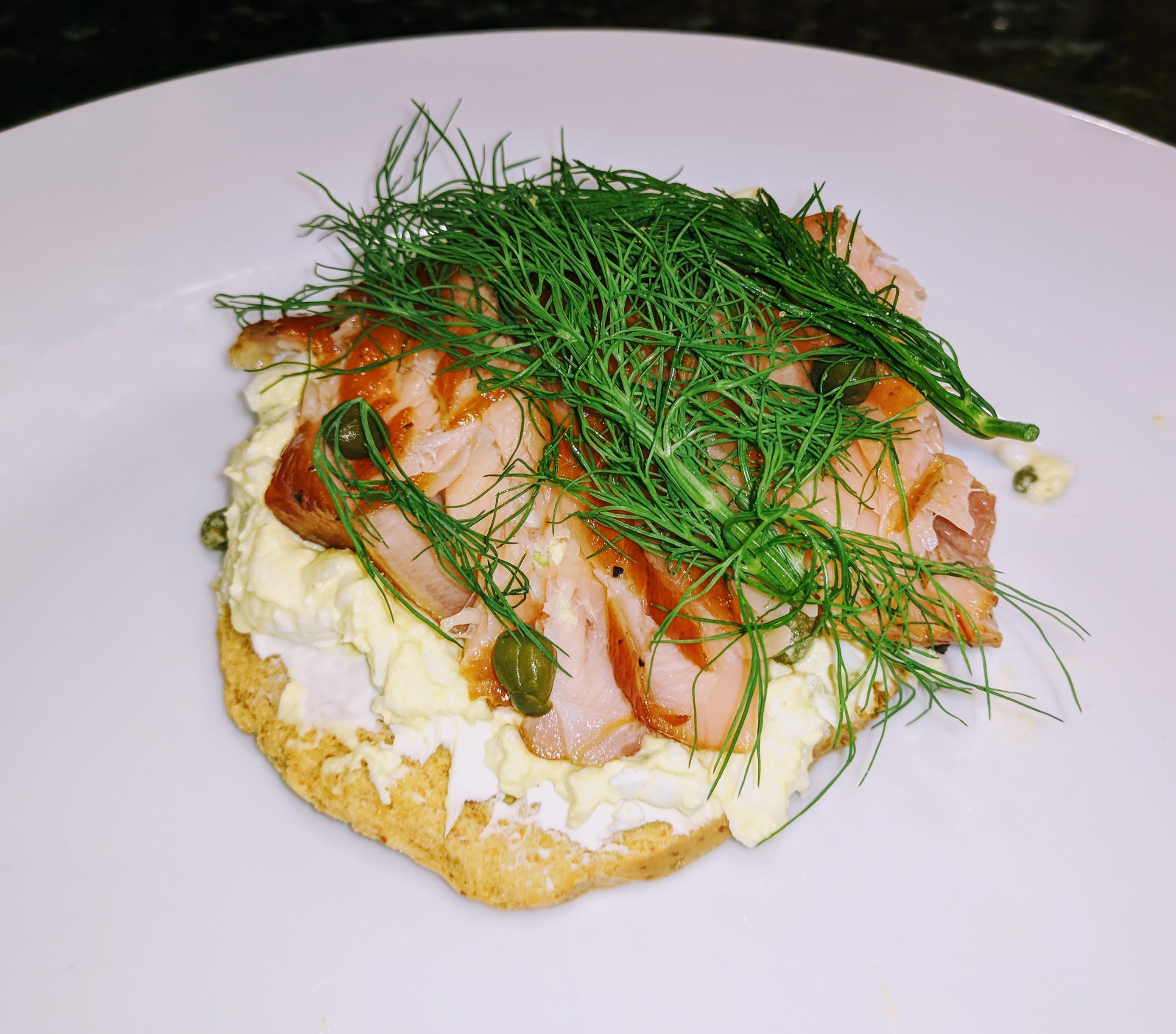 The smoked salmon from earlier on a bagel chip with egg salad (hickory