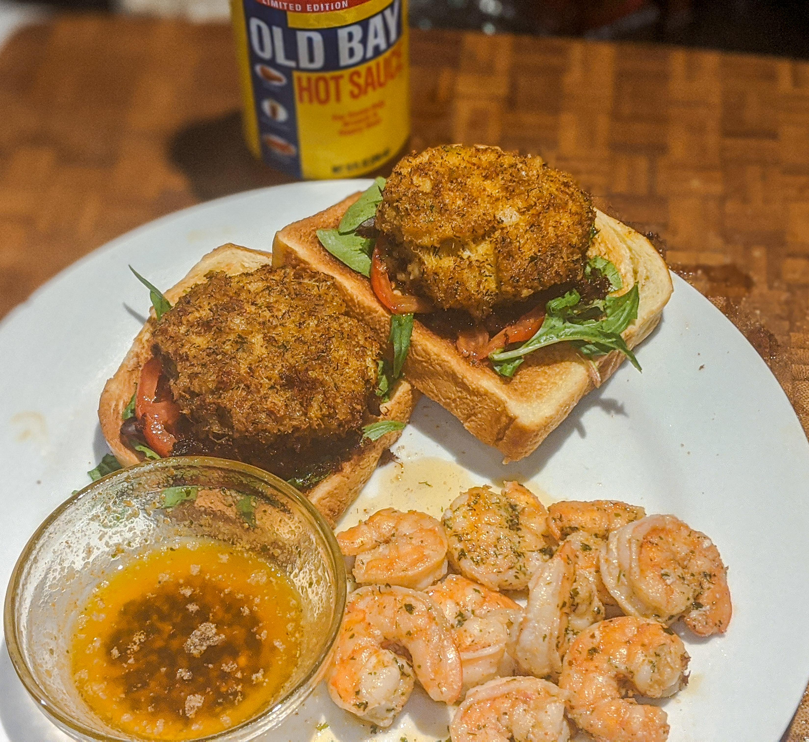 Fixed myself up a doublestack crab cake sandwich w/ Old Bay hot sauce