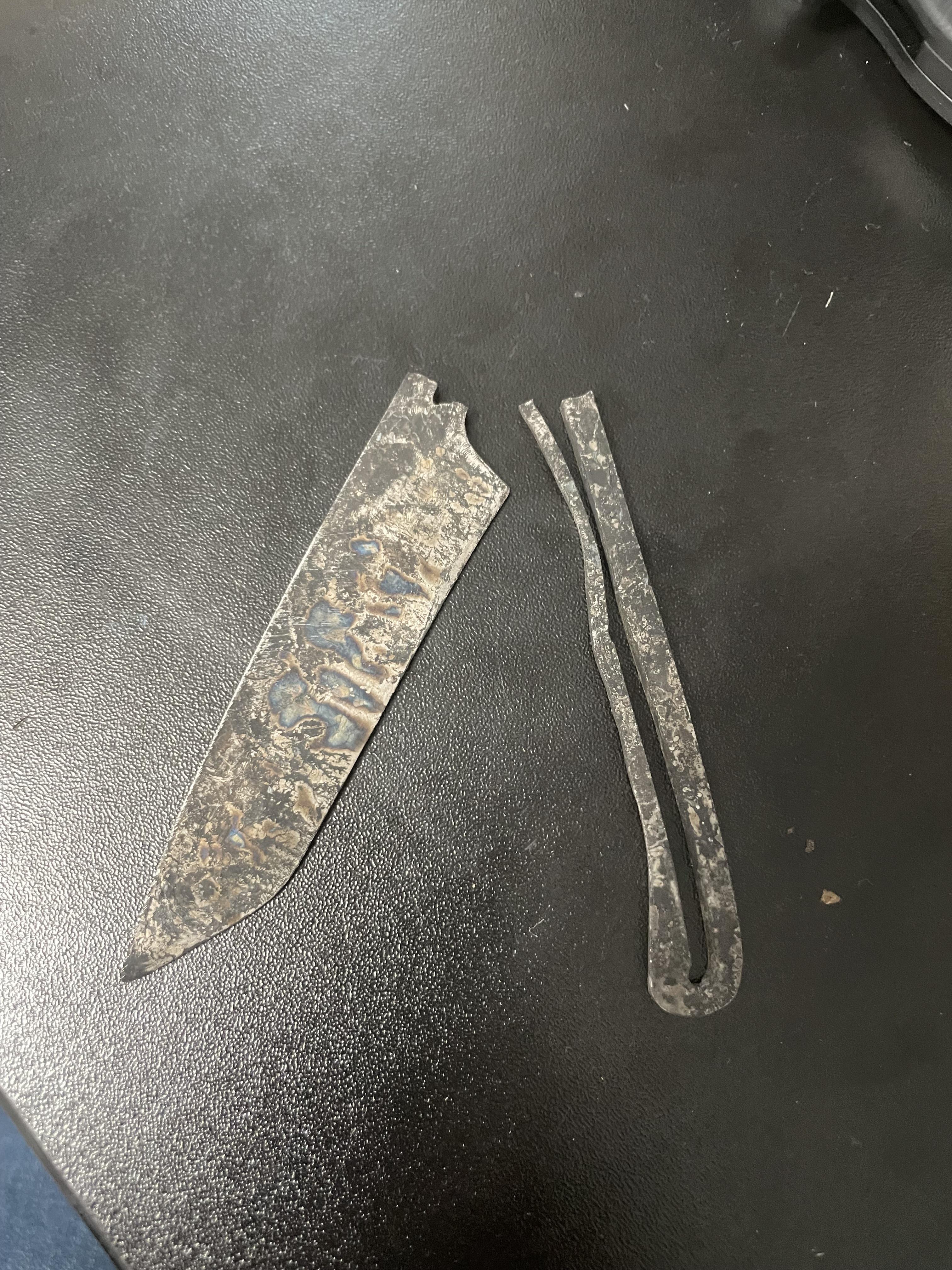 1095, heat treated in a makeshift brick furnace with propane