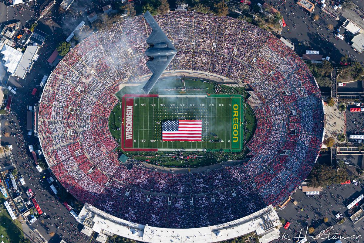 Aerial Photo of the B2 Stealth Bomber Flying over the Rose Bowl Game