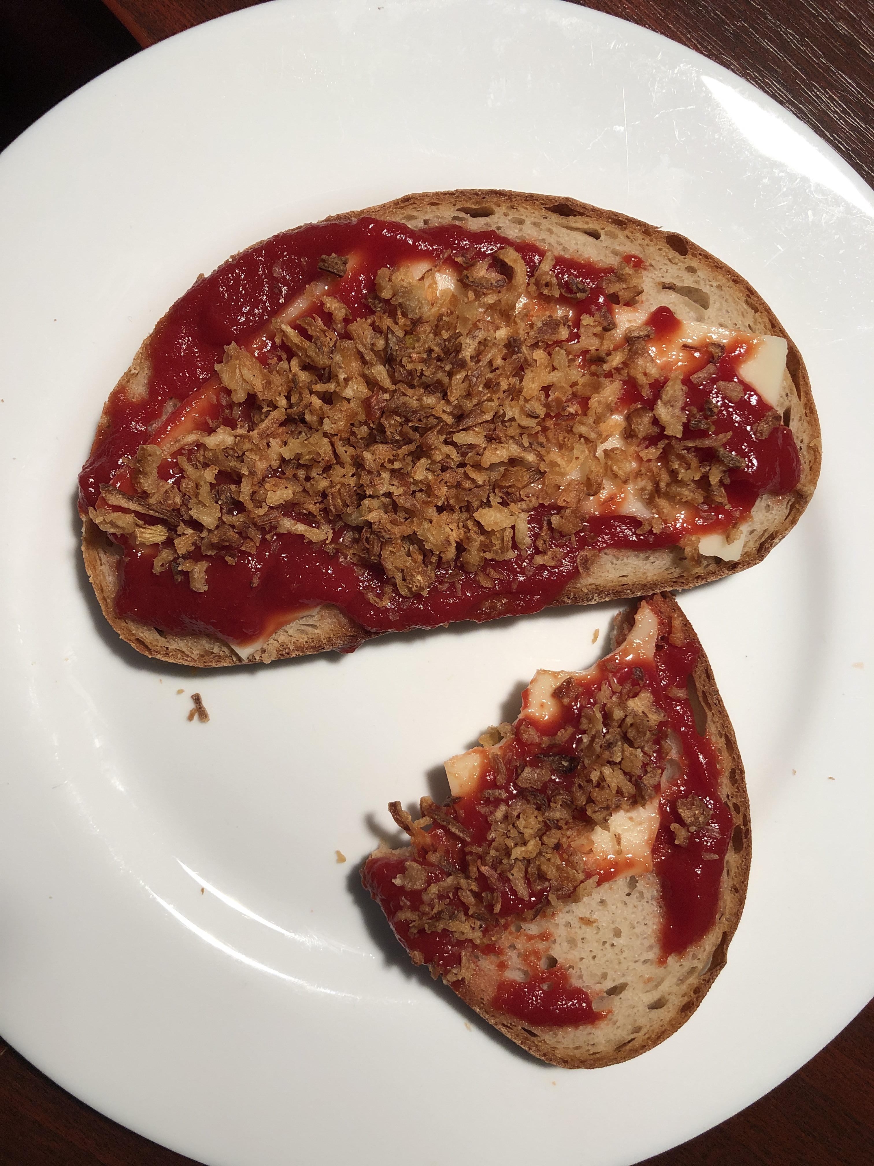 Bread with cheese, ketchup and fried onion from ikea... delicious 👌 r