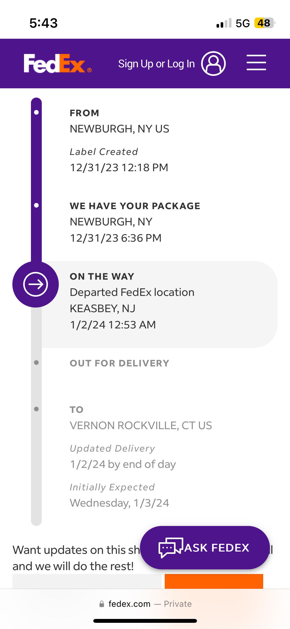Is it normal for the fedex app to show on its way for a few hours? r