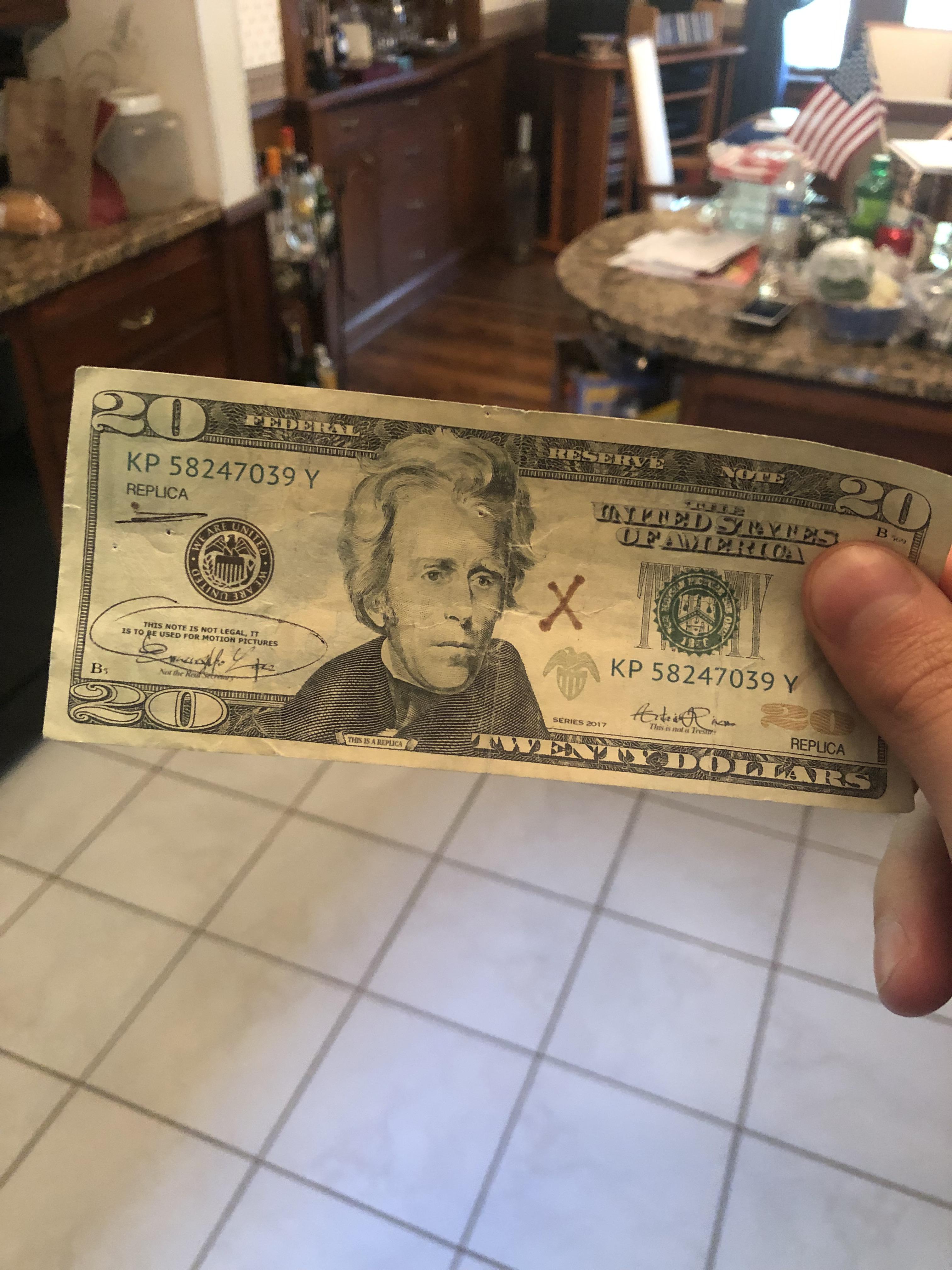 A fake twenty dollar bill that was accepted as payment at my mom’s